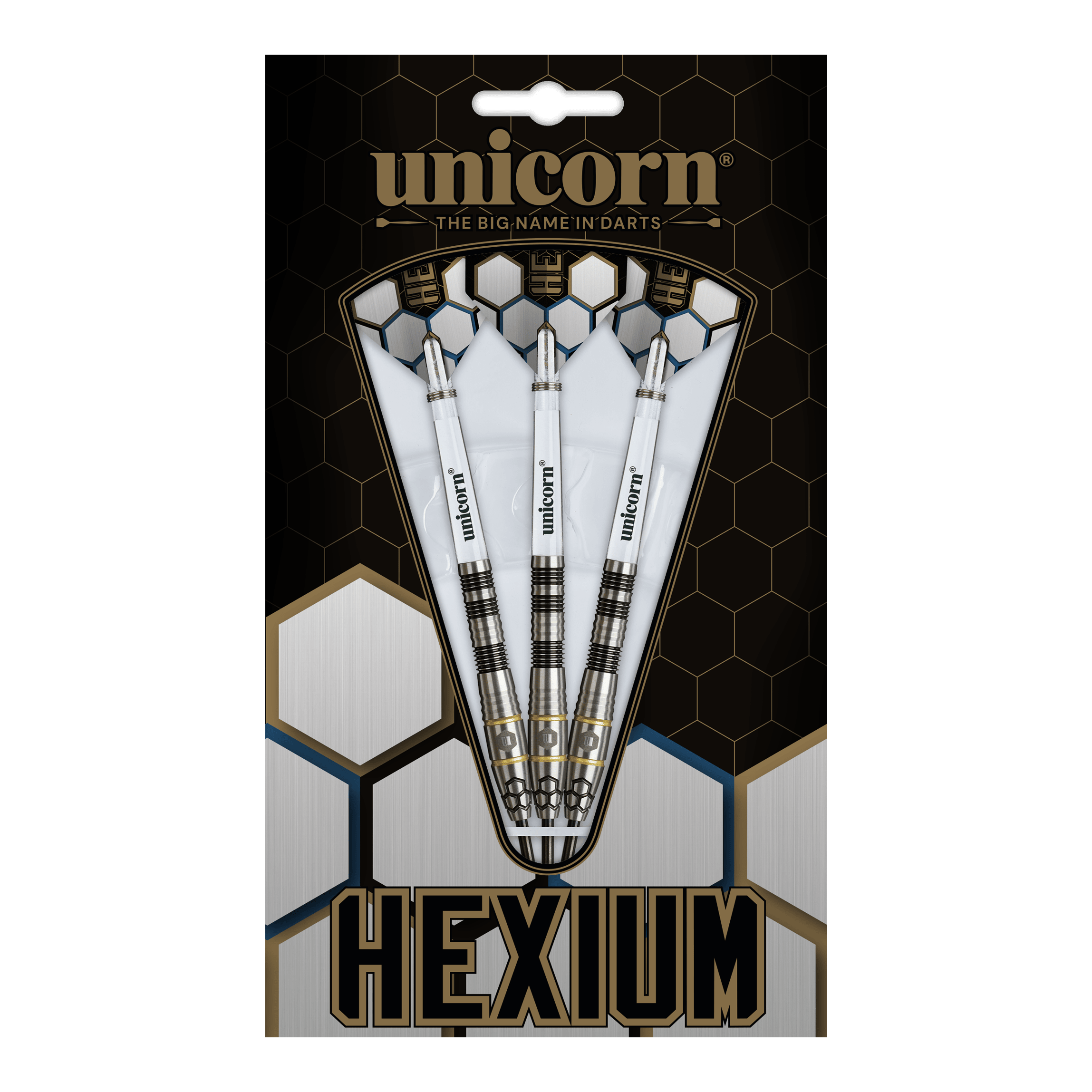 Unicorn Hexium Style 01 Black & Gold Steeldarts Unicorn Hexium Style 01 Black & Gold Steeldarts sind auf diesem Bild abgebildet. Die Abbildung zeigt die schwarzen und goldenen Steeldarts in Nahaufnahme.