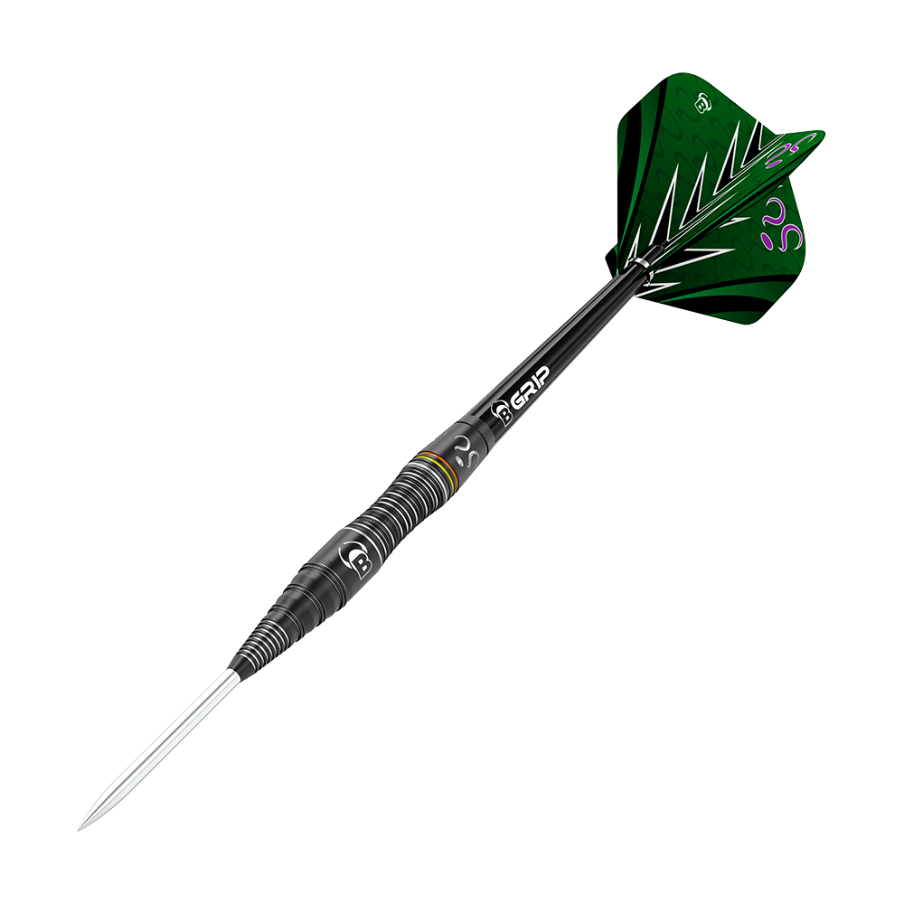Bulls Brian Raman The Riddler Steeldarts Das Bild zeigt einen modernen Steeldartpfeil mit schwarzem Schaft und silberner Spitze. Die Flights sind grün mit auffälligen schwarzen und weißen Mustern sowie lila Details.