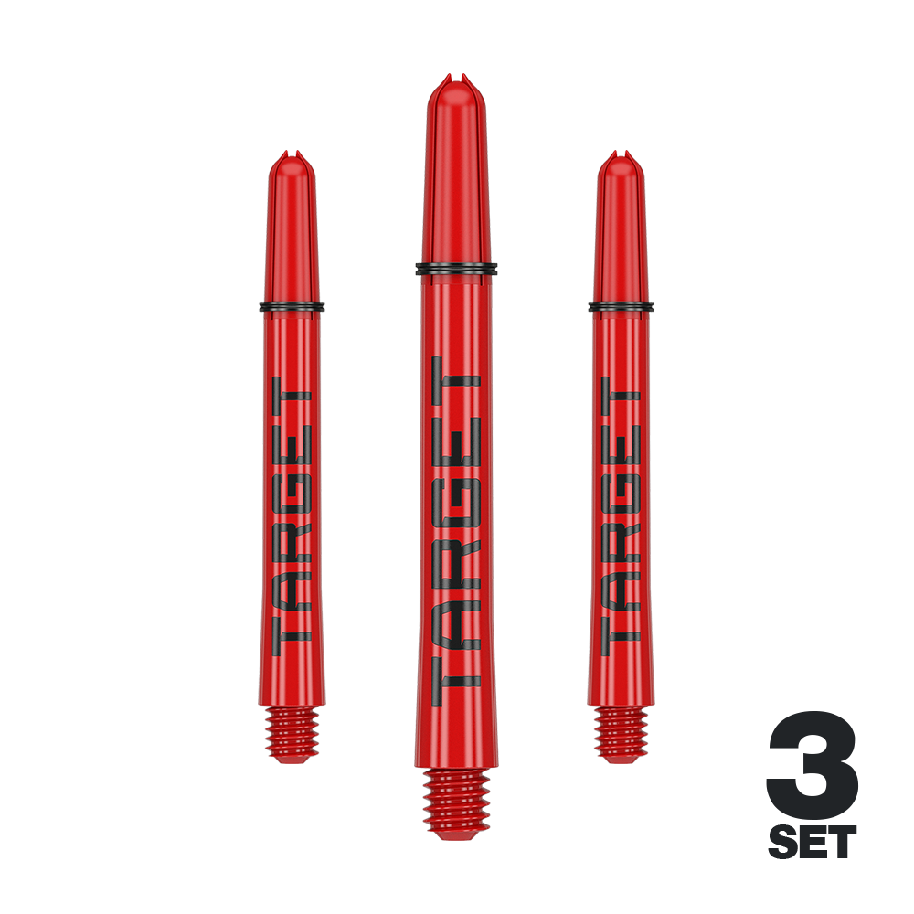 Das Bild zeigt drei rote Dartschäfte mit der Aufschrift "TARGET". Unten rechts steht "3 SET", was auf ein Set mit drei Stück hinweist.