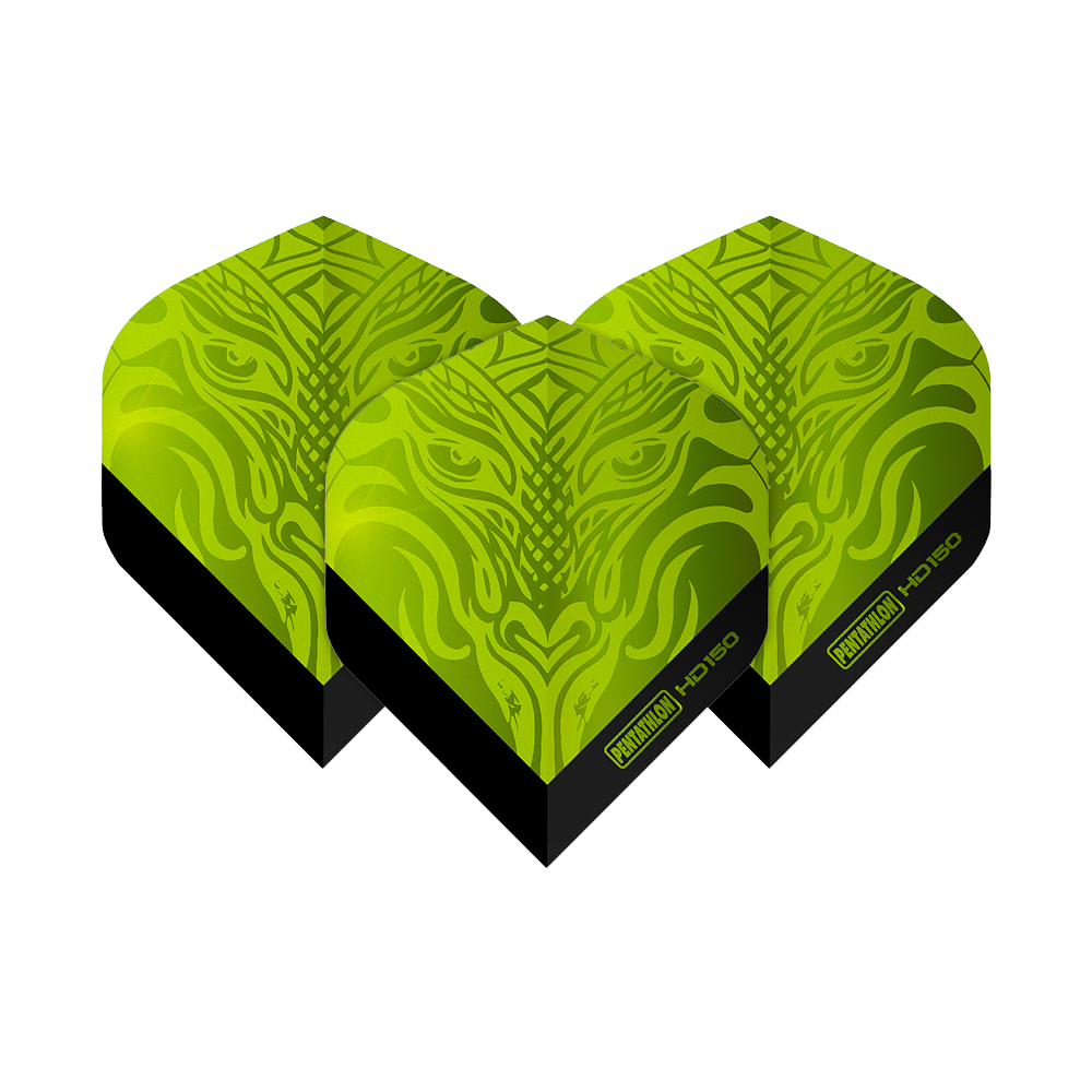 Pentathlon HD150 Metallic Green Standard Flights Das Bild zeigt drei grüne Dart-Flights mit einem metallic Muster. Auf den Flights steht "Pentathlon HD150" geschrieben.