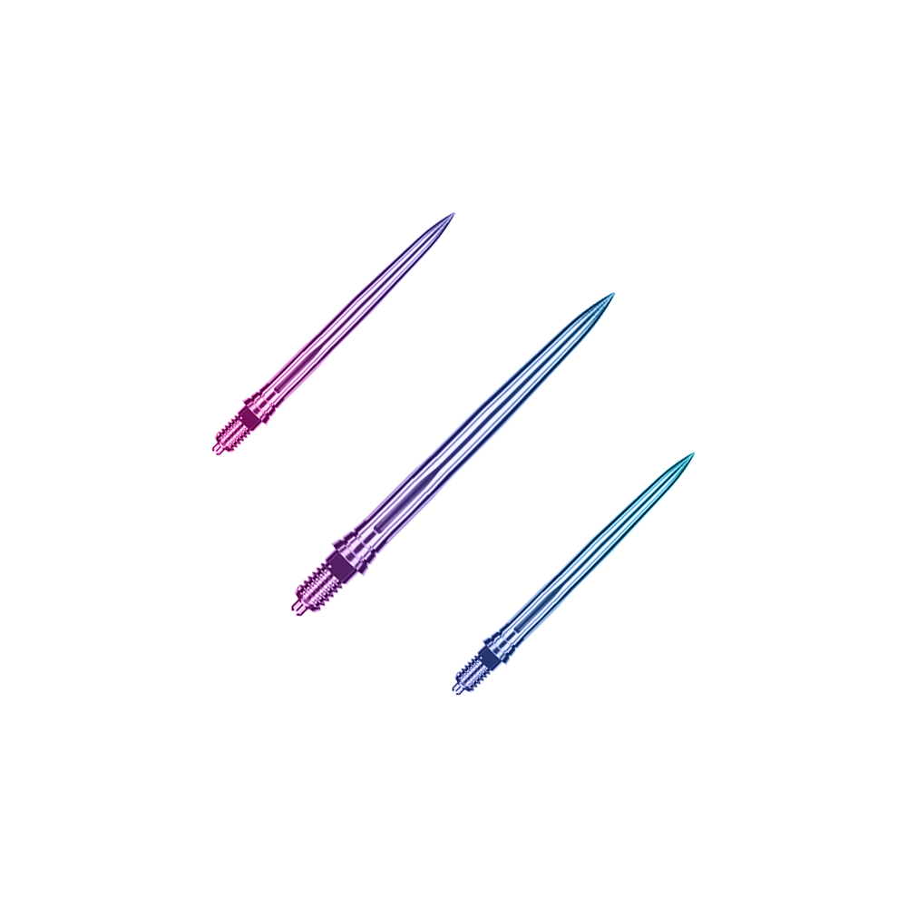 Ein Bild mit dem Dateinamen EVO189_Caliburn_EZ-EVO_Dartspitzen_Smooth_Rainbow_28mm_1Set. Es handelt sich wahrscheinlich um ein Set von Dartspitzen in Regenbogenfarben mit 28 mm Länge.