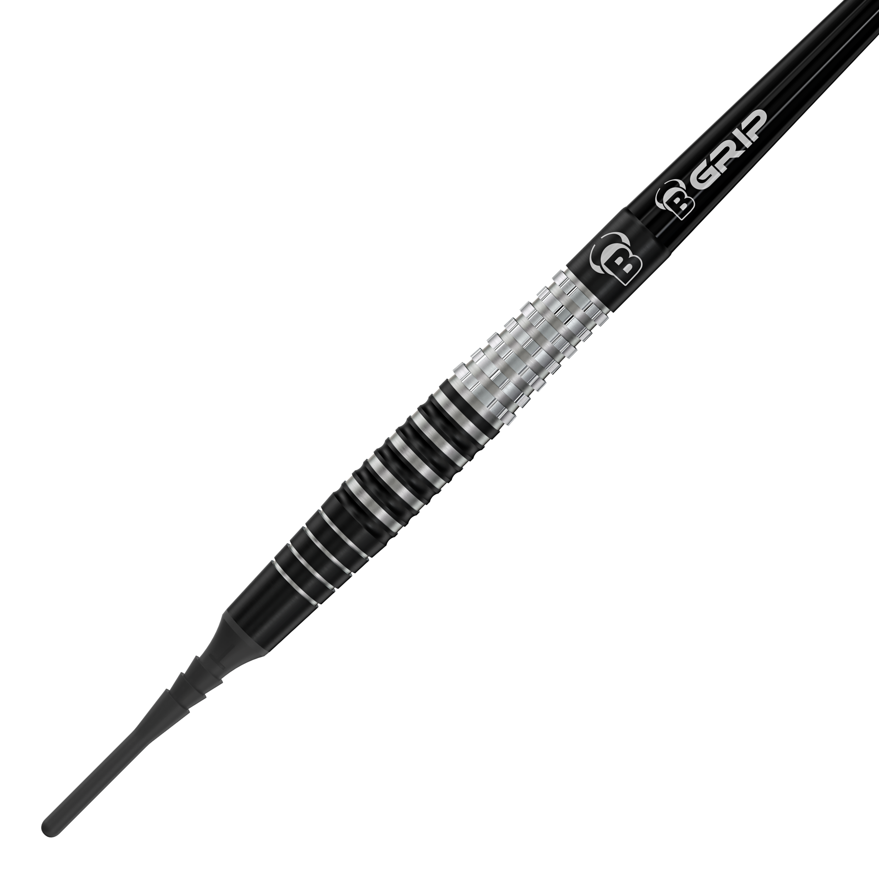 Das Bild zeigt den Softdart "Bulls Martin Schindler Original Generation 3". Der Dartpfeil hat ein stilvolles Design mit schwarzen und silbernen Rillen am Griff.