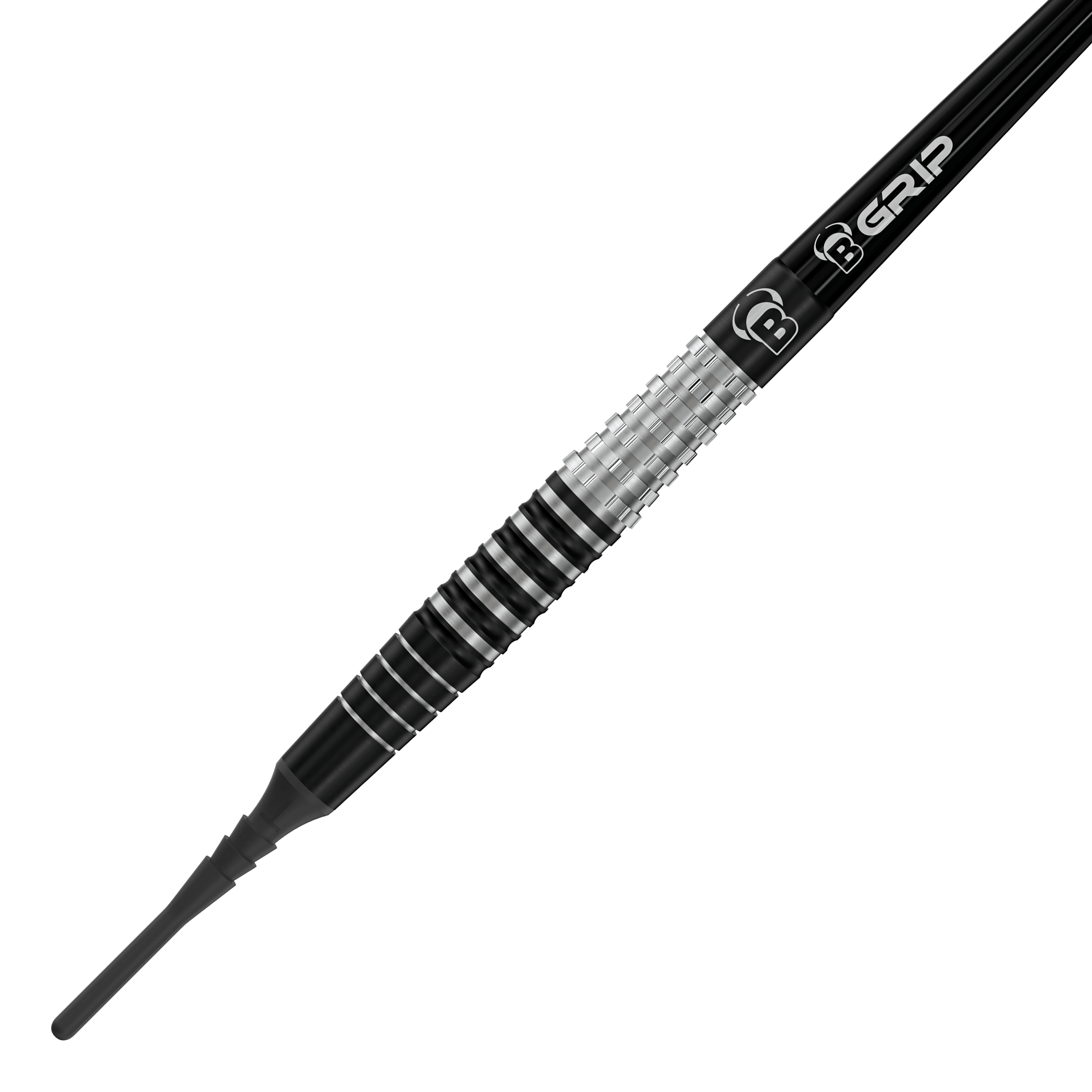 Bulls Martin Schindler Original Generation 3 soft darts Das Bild zeigt den Softdart "Bulls Martin Schindler Original Generation 3". Der Dartpfeil hat ein stilvolles Design mit schwarzen und silbernen Rillen am Griff.