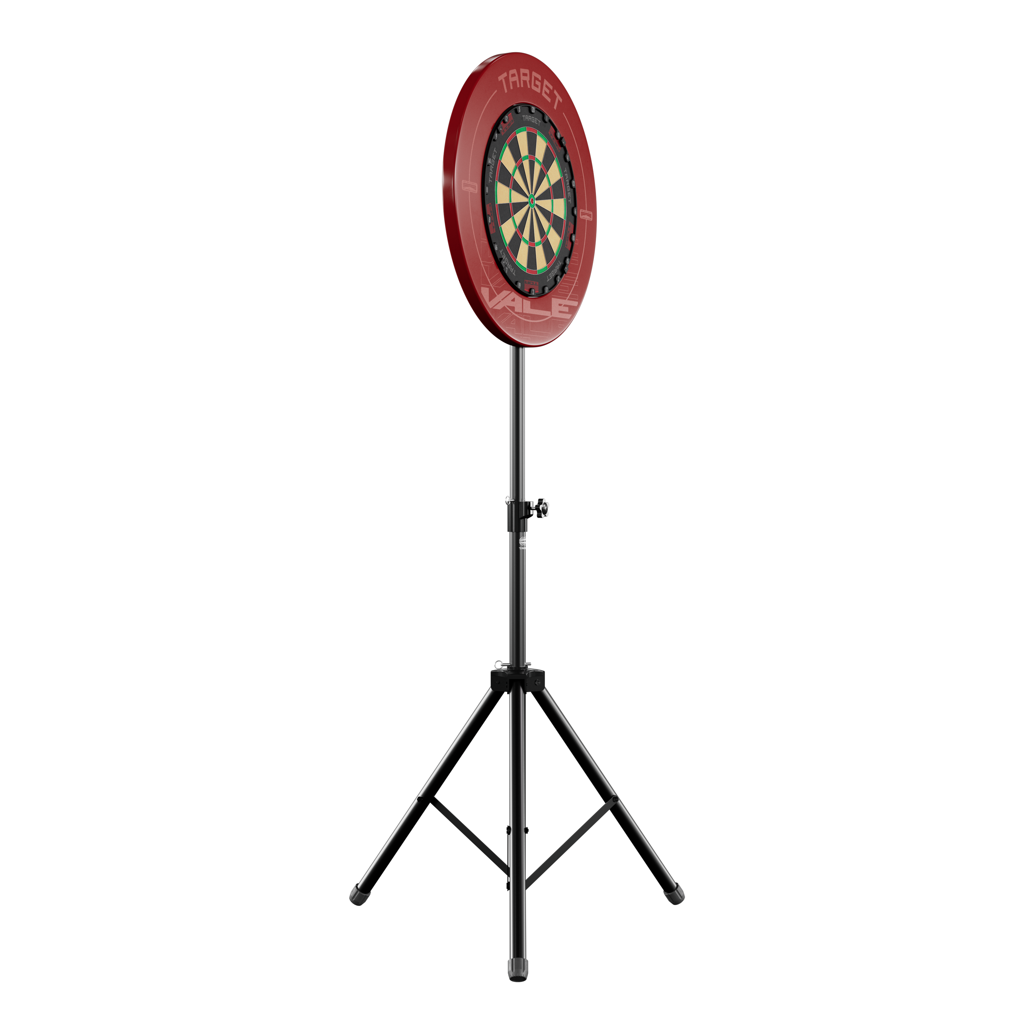 Target Dartboard Stand Das Bild zeigt einen Dartboard-Ständer mit einer runden Dartscheibe und rotem Auffangring. Der Ständer hat drei stabile Beine und ist höhenverstellbar.