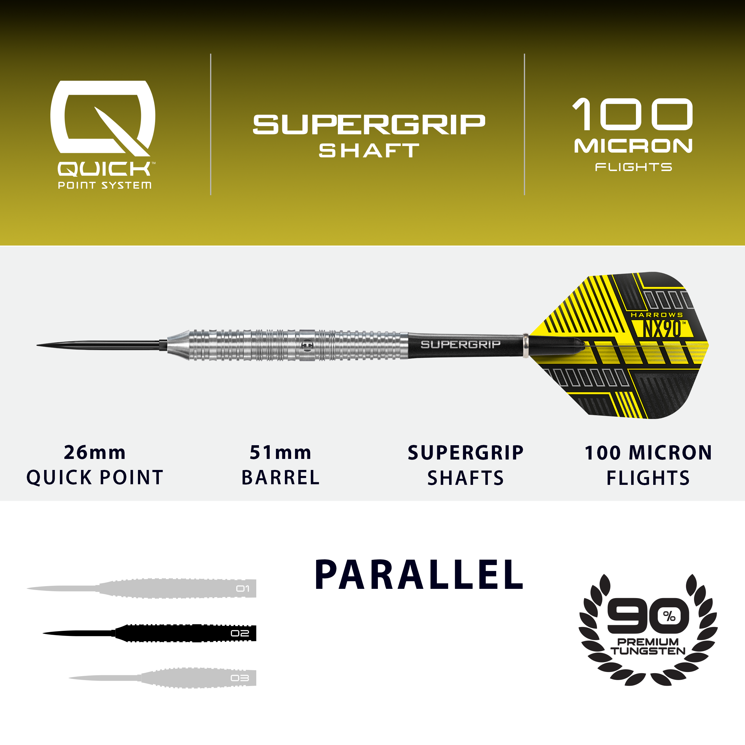 Harrows NX90 Parallel Quick Point Steel Darts Abgebildet sind die Harrows NX90 Parallel Quick Point Steeldarts. Diese Steeldarts eignen sich für den ambitionierten Dartspieler.
