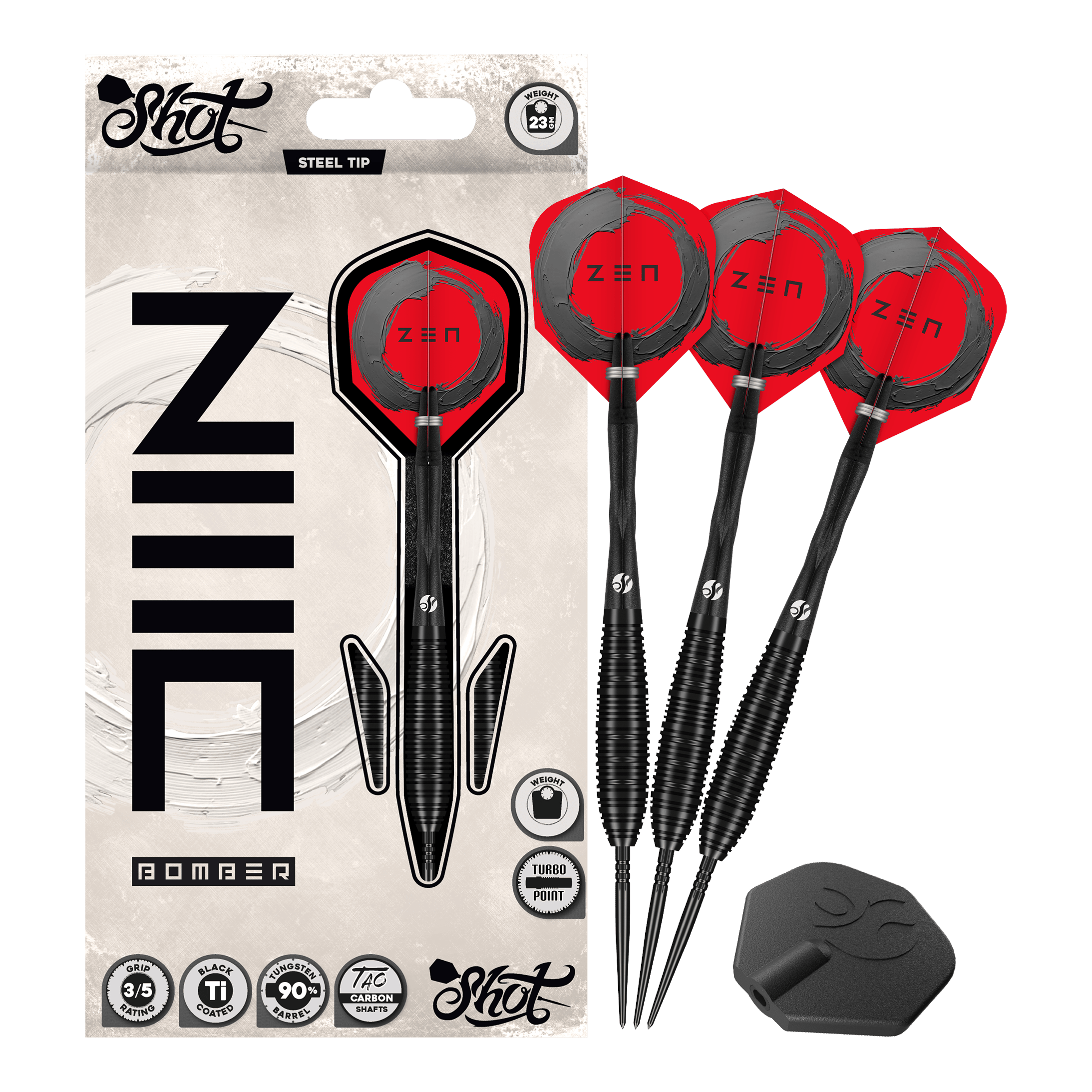 Auf dem Foto ist das Set Shot ZEN Bomber Turbo Point Steeldarts vollständig abgebildet. Dieses Set enthält alle notwendigen Darts für das Spiel.