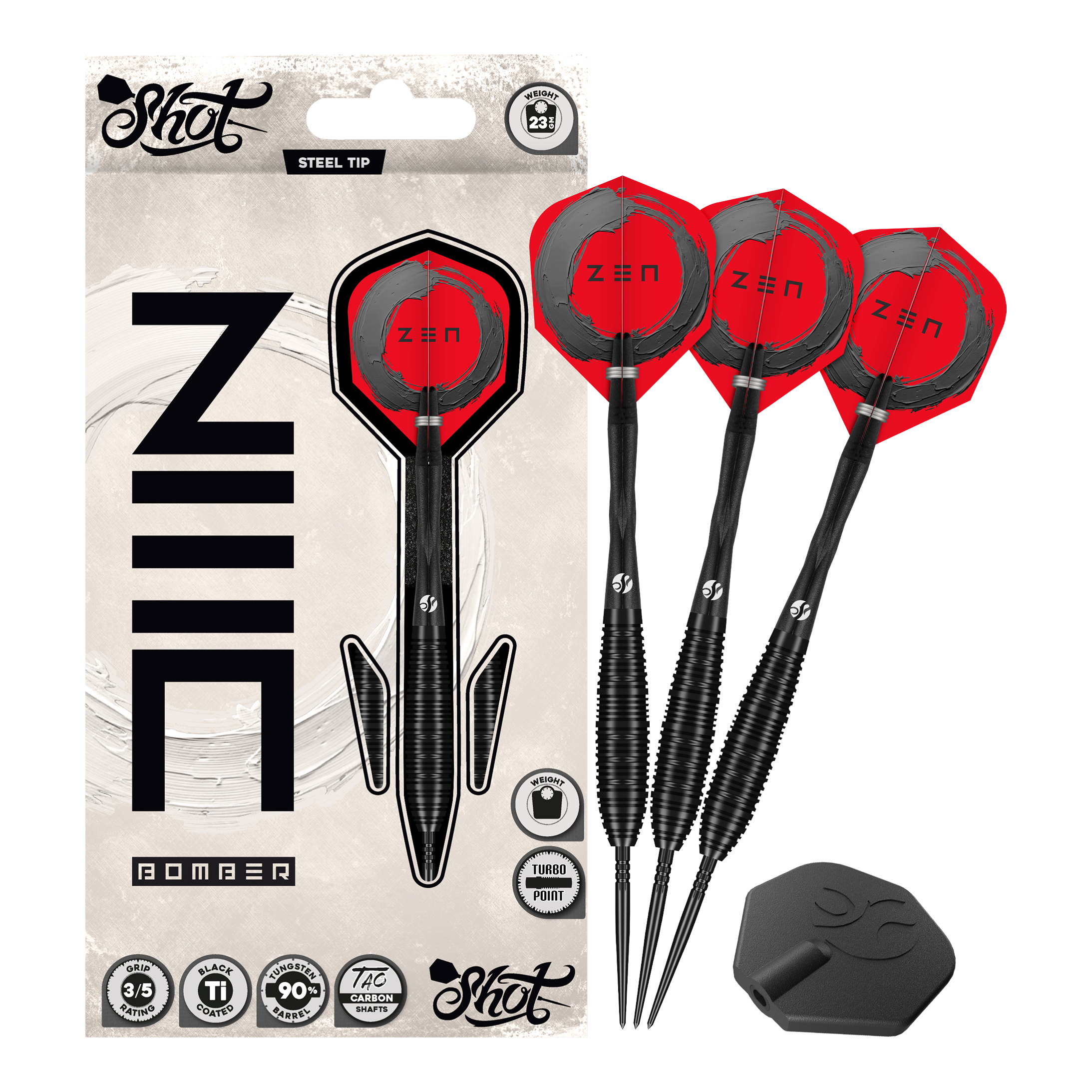 Shot ZEN Bomber Turbo Point steel darts Auf dem Foto ist das Set Shot ZEN Bomber Turbo Point Steeldarts vollständig abgebildet. Dieses Set enthält alle notwendigen Darts für das Spiel.