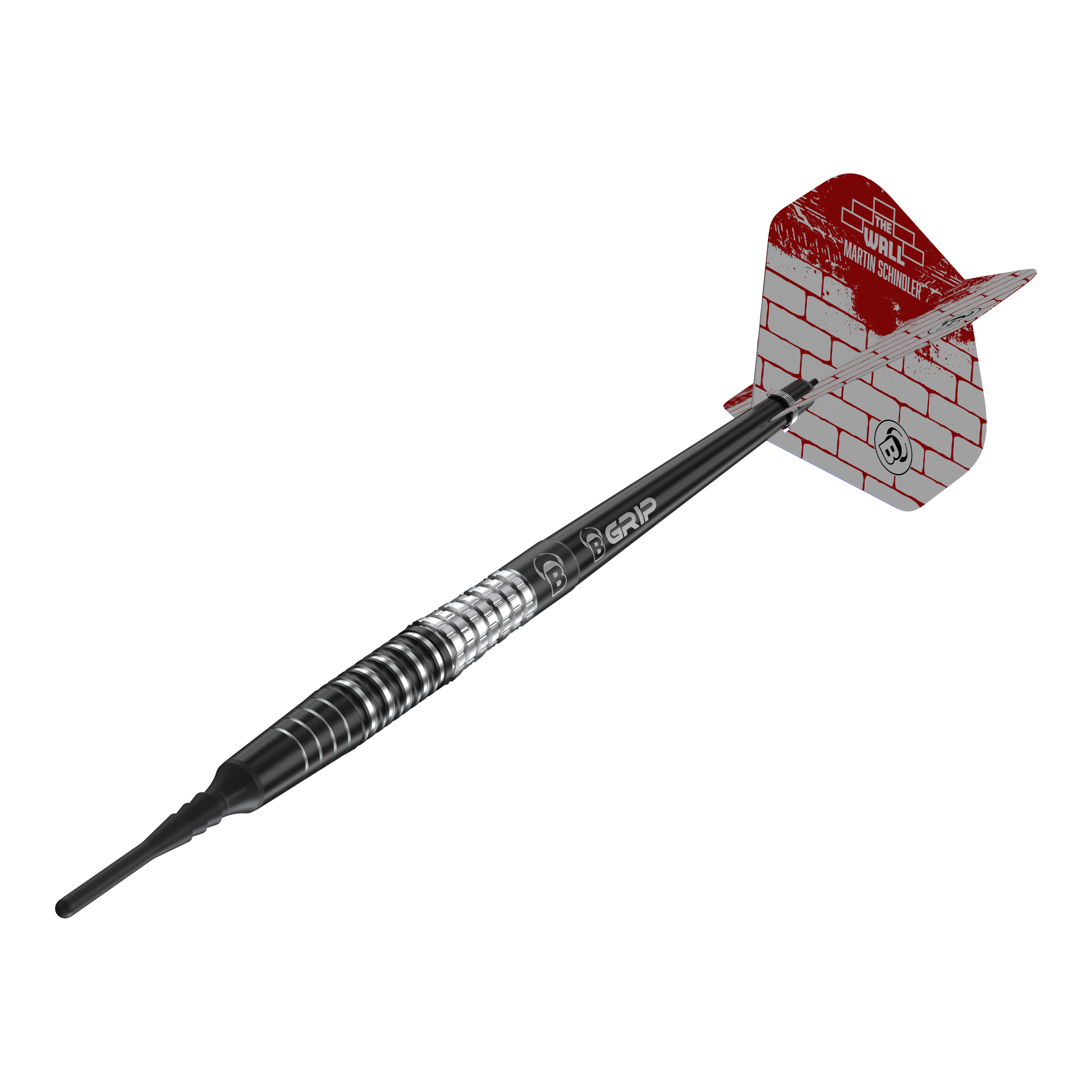 Das Bild zeigt einen Softdart aus der Serie "Bulls Martin Schindler Original Generation 3". Der Dart hat ein schwarzes und silbernes Barrel sowie eine rot-weiße Flight mit Mauerstein-Design.