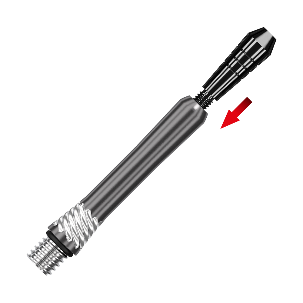 200482_Target_Power_Titanium_Shaft_Ersatztops_Schwarz_2 Auf dem Bild ist ein schwarzer Ersatz-Top für die Target Power Titanium Shafts zu sehen. Ein roter Pfeil zeigt auf das Verbindungsstück des Produkts.