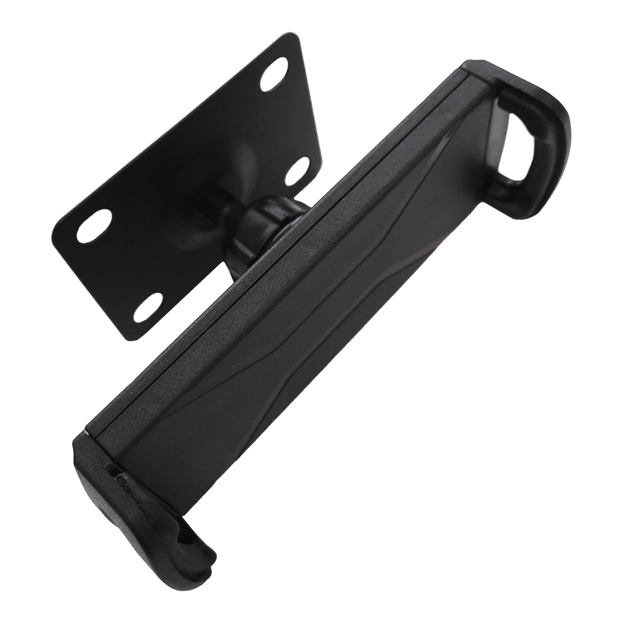 McDart TABSteady Tablet Wall Mount Die Abbildung zeigt die McDart TABSteady Tablet Wandhalterung in schwarzer Farbe. Die Halterung verfügt über eine stabile Montageplatte und verstellbare Haltearme für Tablets.