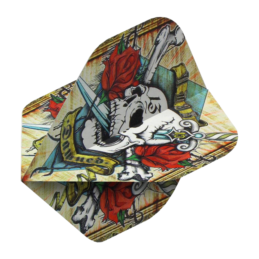 ALC4_Alchemy_Damned_Standard_Flights_2 Das Bild zeigt ein Dart-Flight mit einem Totenkopf, roten Rosen und einem Schwert als Motiv. Auf dem Flight steht das Wort „Damned“ in einem gelben Banner.