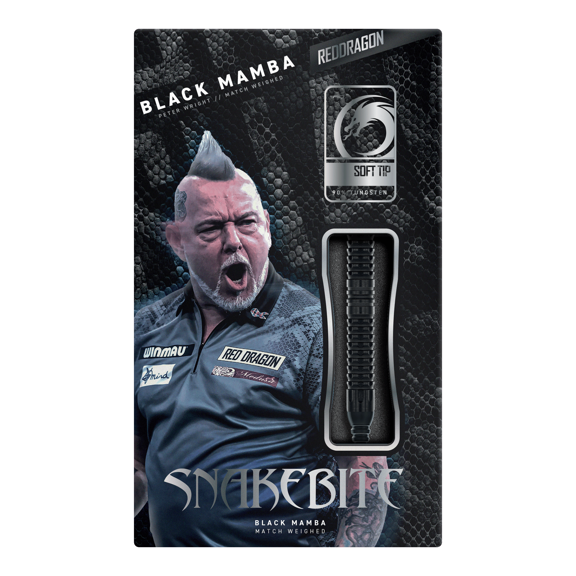 Dargestellt ist der Red Dragon Peter Wright Snakebite Black Mamba Softdart mit 20g. Dieser Softdart richtet sich an ambitionierte Spieler und besticht durch hohe Qualität.