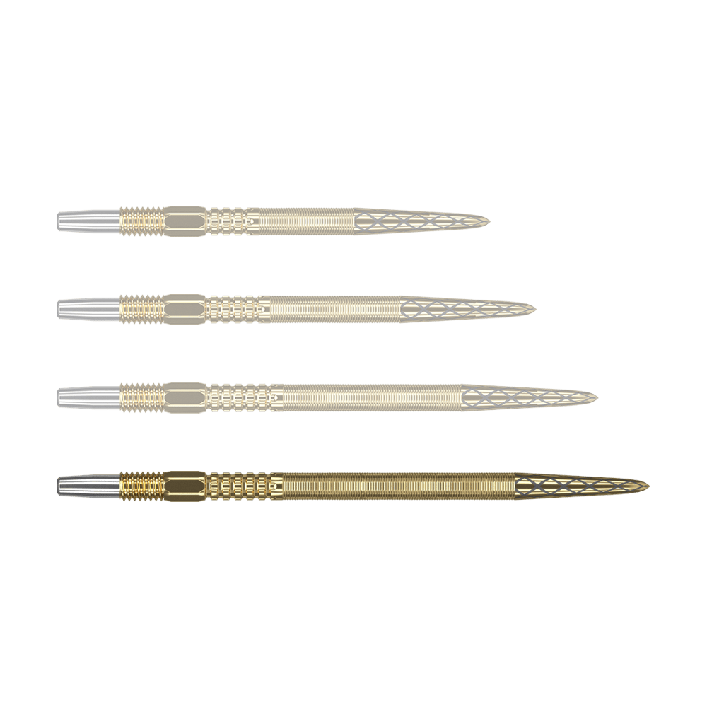 Target Swiss Point DX dart tips - gold Auf dem Bild sind vier goldfarbene Dartspitzen mit silbernem Ansatz zu sehen. Die Spitzen haben ein feines, rautenförmiges Muster am vorderen Ende.
