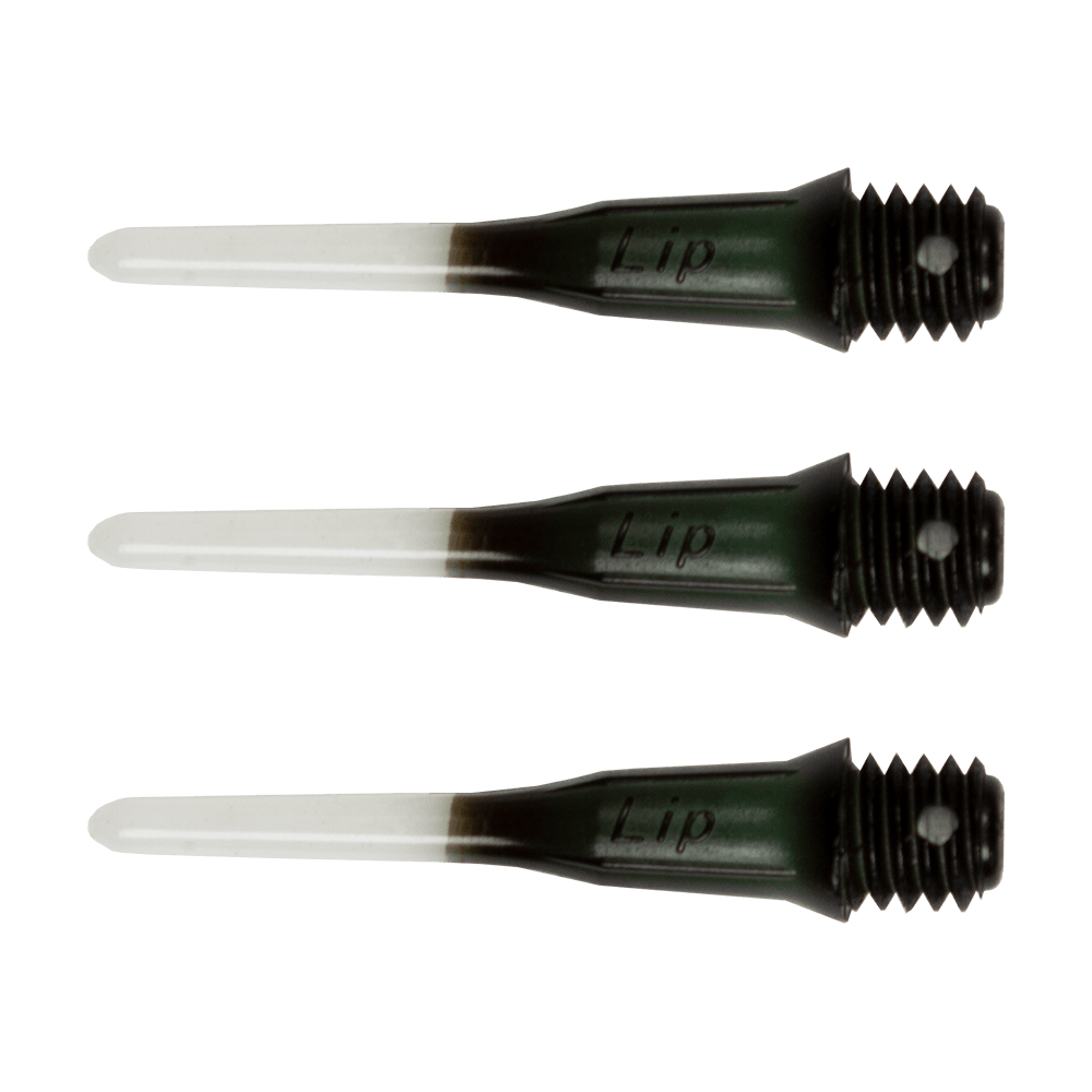 L-Style-Lippoints-Two-Tone-Short-Black9DPo8Ymd5O6s9 Das Bild zeigt drei zweifarbige, kurze Spitzen für Softdarts mit dem Aufdruck "Lip". Die Spitzen sind schwarz und weiß und haben ein Schraubgewinde am Ende.