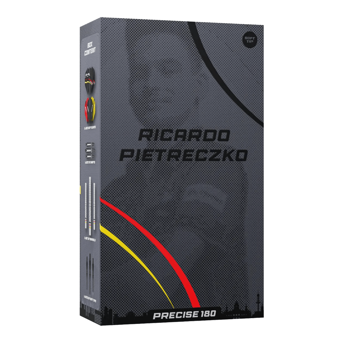 Abgebildet sind die Precise 180 Ricardo Pietreczko GEN1 Softdarts. Sie eignen sich ideal für Präzisionswürfe im Softdart-Bereich.
