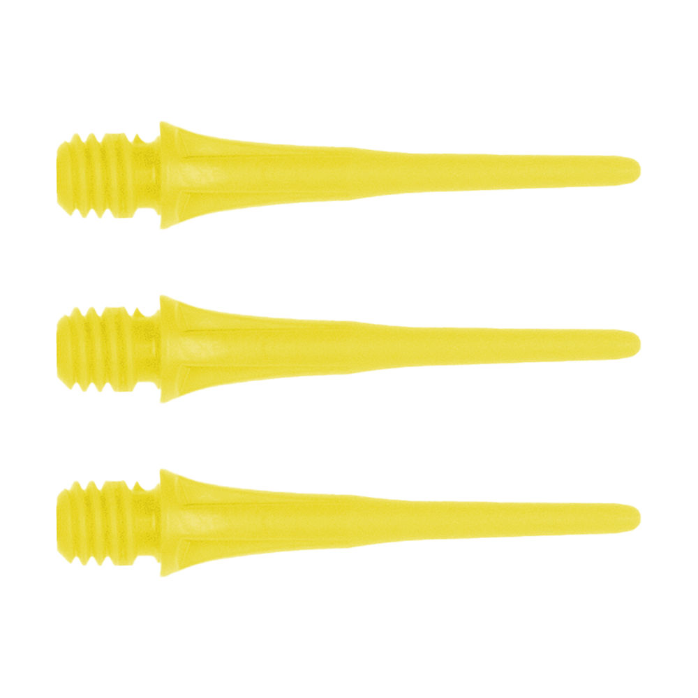 Das Bild zeigt drei gelbe Dartspitzen mit Gewinde. Es handelt sich um das Produkt "Cosmo Fit Point Plus 2BA Spitzen 25mm (50er Pack)".