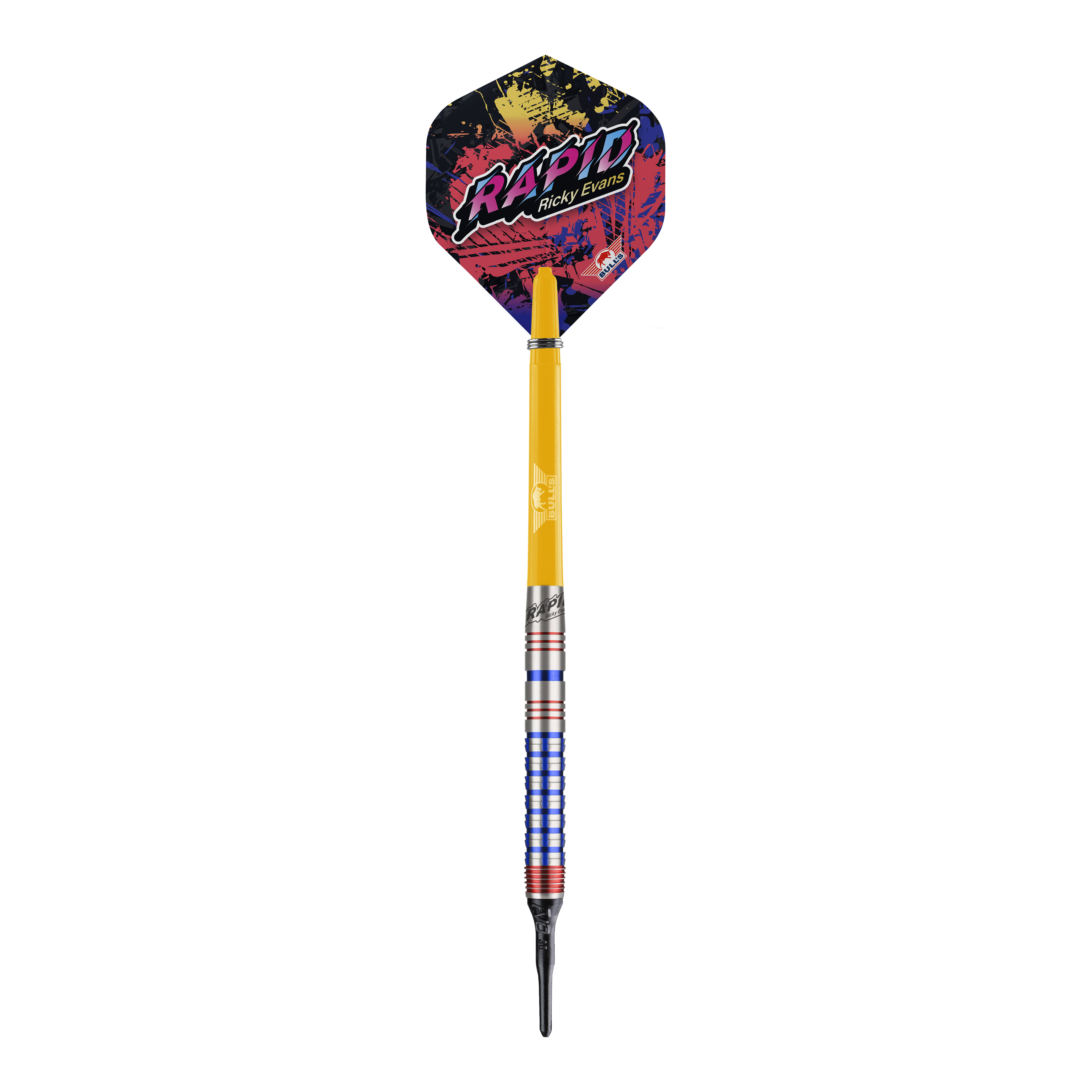 Bulls NL Ricky Evans Rapid Edition One Soft Darts - 20g Das Bild zeigt einen Softdart aus der Serie "Bulls NL Ricky Evans Rapid Edition One" mit einem Gewicht von 20 Gramm. Der Dart hat bunte Akzente, einen gelben Schaft und eine auffällige Flights mit dem Schriftzug "RAPID Ricky Evans".