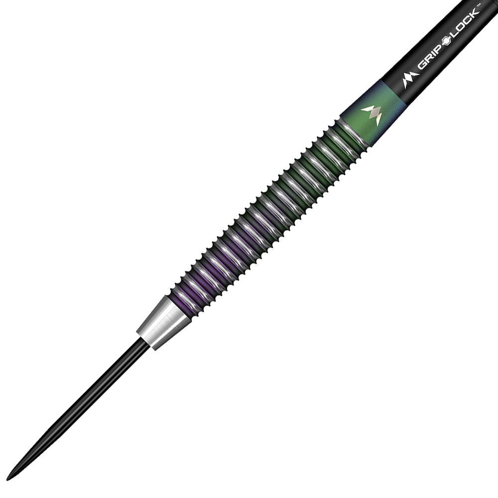 M001074_Mission_Ryan_Joyce_Relentless_Steeldarts_2 Das Bild zeigt einen Mission Ryan Joyce Relentless Steeldart. Der Dartpfeil hat einen geriffelten Griffbereich mit grünen und violetten Akzenten.