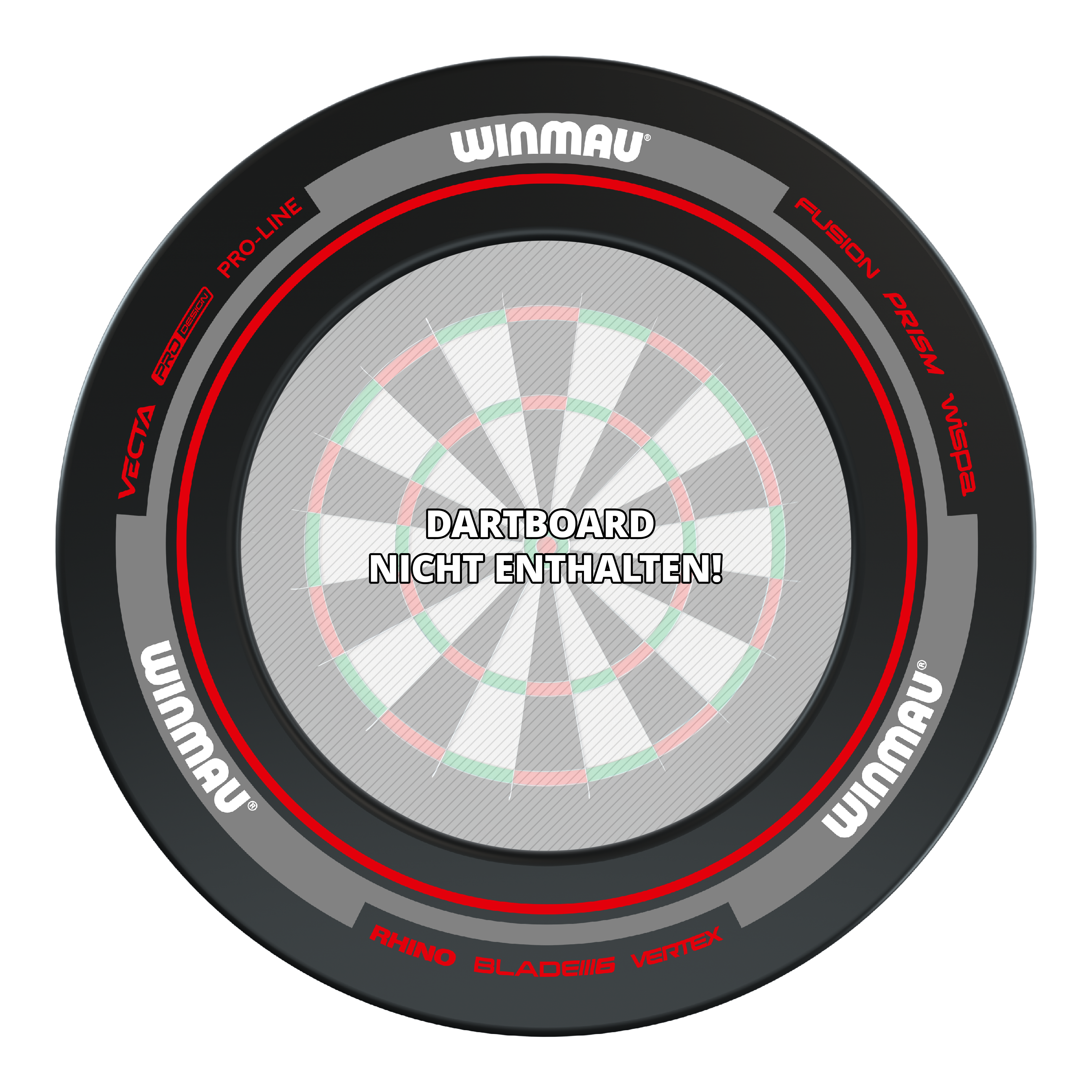 Winmau Advance Dartboard Surround - Black Red Das Bild zeigt das Produkt "Winmau Advance Dartboard Surround" in Schwarz und Rot. In der Mitte steht der Hinweis: "Dartboard nicht enthalten!"