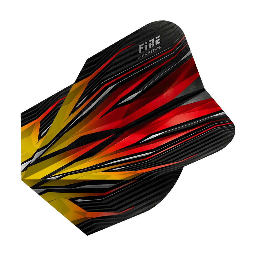 HR3_Harrows_Fire_Two-Tone_Standard_Flights_2 Das Bild zeigt das Produkt 'Harrows Fire Two-Tone Standard Flights'. Das Design ist in leuchtenden Rot-, Gelb- und Schwarztönen gehalten und wirkt wie lodernde Flammen.