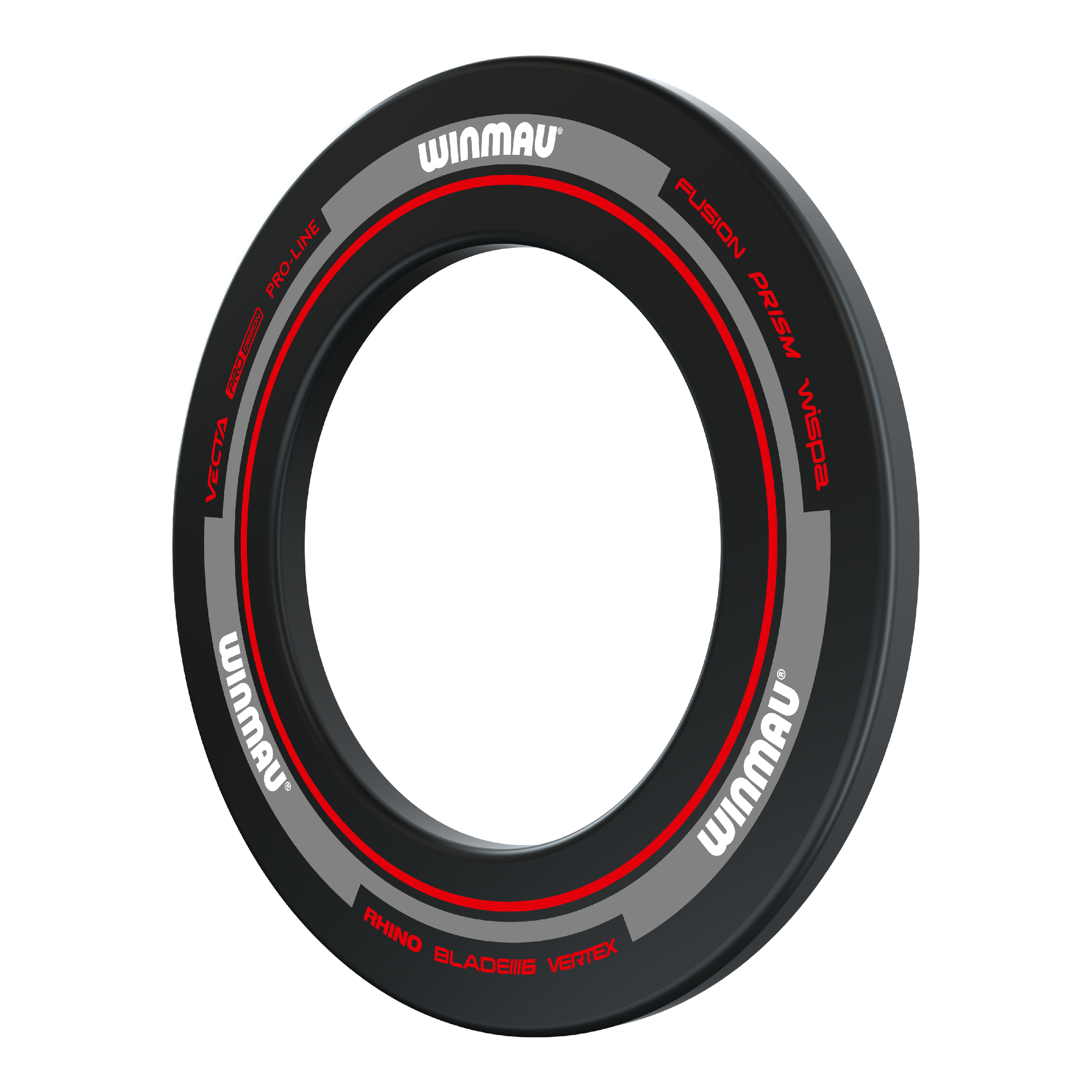 Winmau Advance Dartboard Surround - Black Red Das Bild zeigt das Winmau Advance Dartboard Surround in Schwarz und Rot. Es ist ein Schutzring, der um eine Dartscheibe gelegt wird, um die Wand vor Pfeilen zu schützen.
