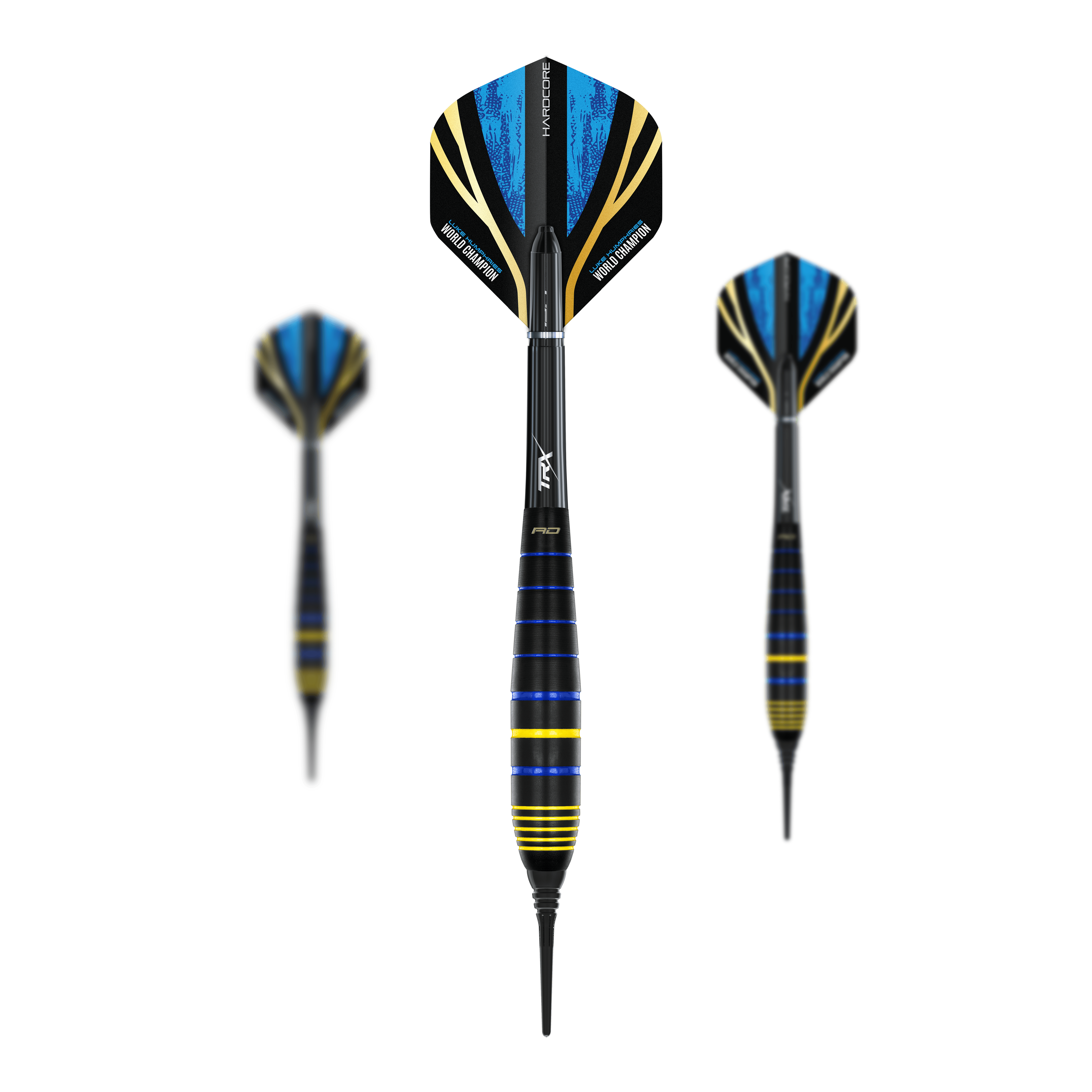 Red Dragon Luke Humphries World Champion Brass Softdarts - 20g Das Bild zeigt drei Softdarts des Modells "Red Dragon Luke Humphries World Champion Brass Softdarts - 20g". Die Darts haben schwarze, blaue und gelbe Farbakzente sowie Flights mit blauen und goldenen Details.