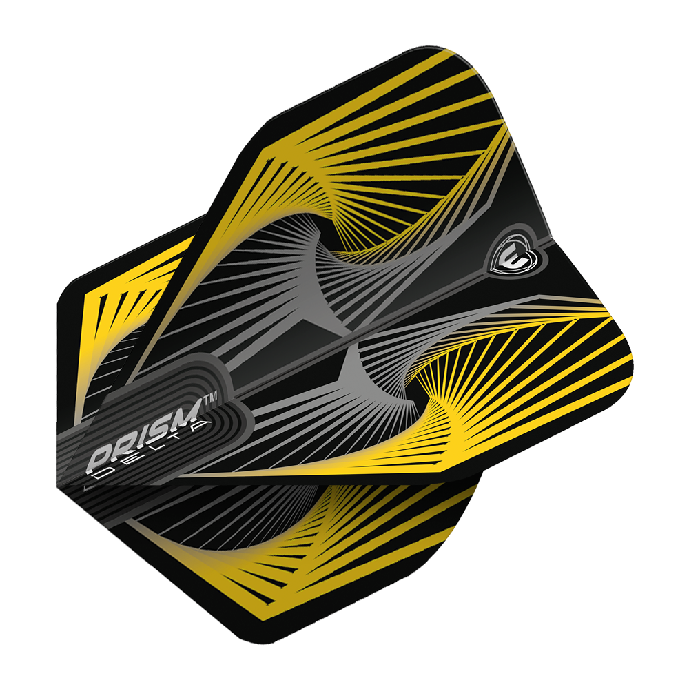 6915-241_Winmau_Prism_Delta_Spiral_YellowGrey_Standard_Flights_2adSQVWYIWUEAF Das Bild zeigt das Produkt "Winmau Prism Delta Spiral YellowGrey Standard Flights". Die Flights sind in Schwarz, Gelb und Grau mit einem modernen Spiralmuster gestaltet.
