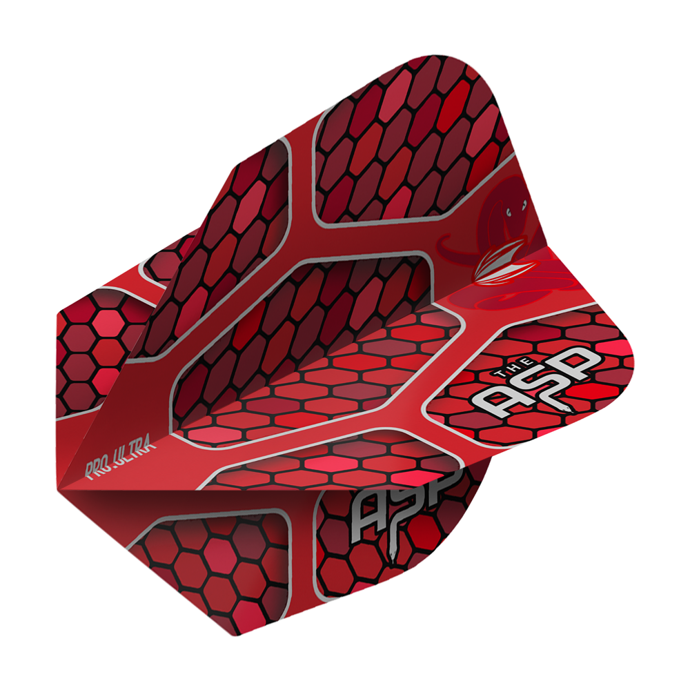 TG386_334440_Target_ProUltra_Nathan_Aspinall_Red_No6_Flights_2 Das Bild zeigt ein Dartflight mit rot-schwarzem Wabenmuster. Auf dem Flight steht "THE ASP" und "PRO.ULTRA".