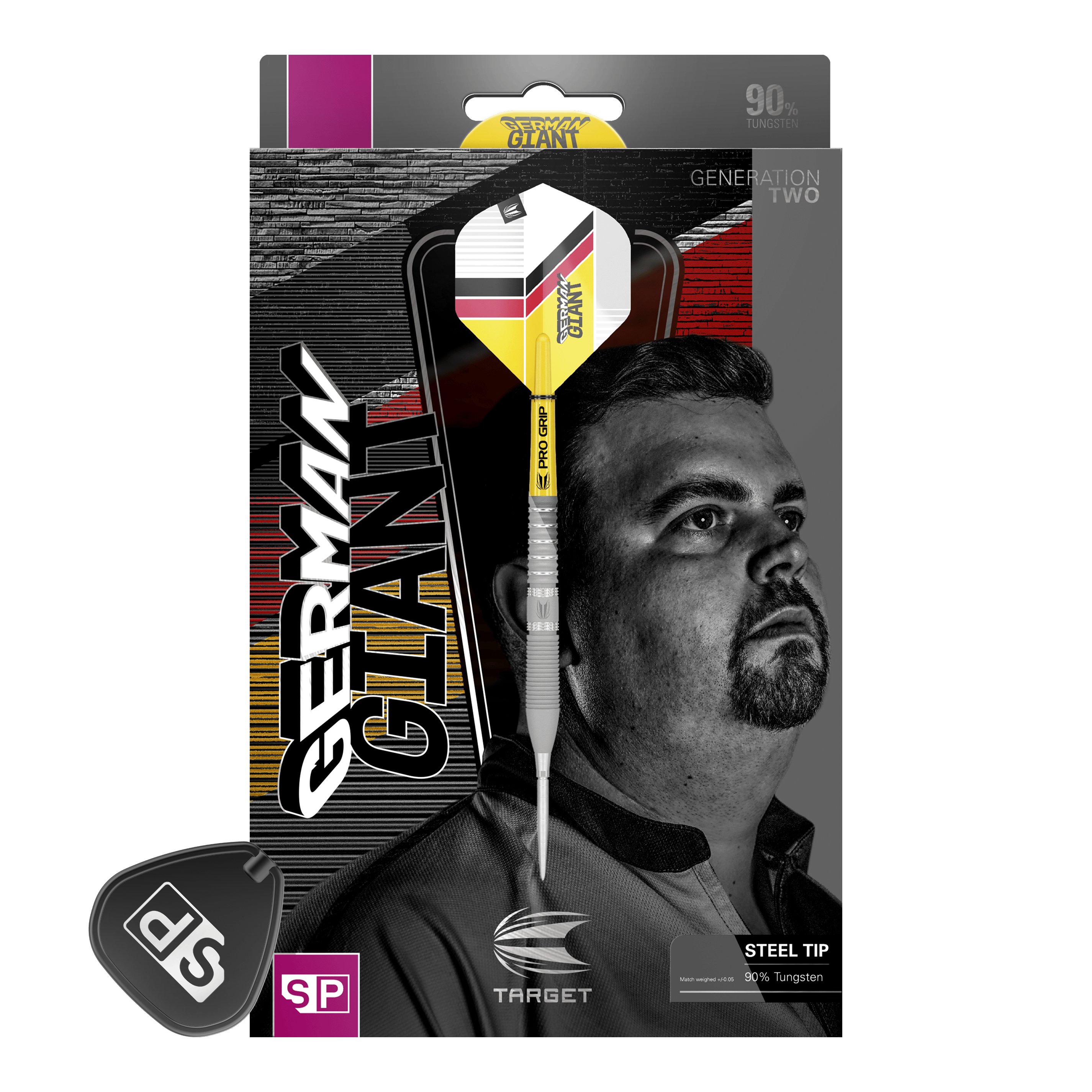 Target Gabriel Clemens GEN2 Swiss Point steel darts Auf der Verpackung ist ein Steeldart mit gelbem, weißem und schwarzem Design abgebildet. Im Hintergrund sieht man das Porträt eines Mannes sowie den Schriftzug „GERMAN GIANT“.