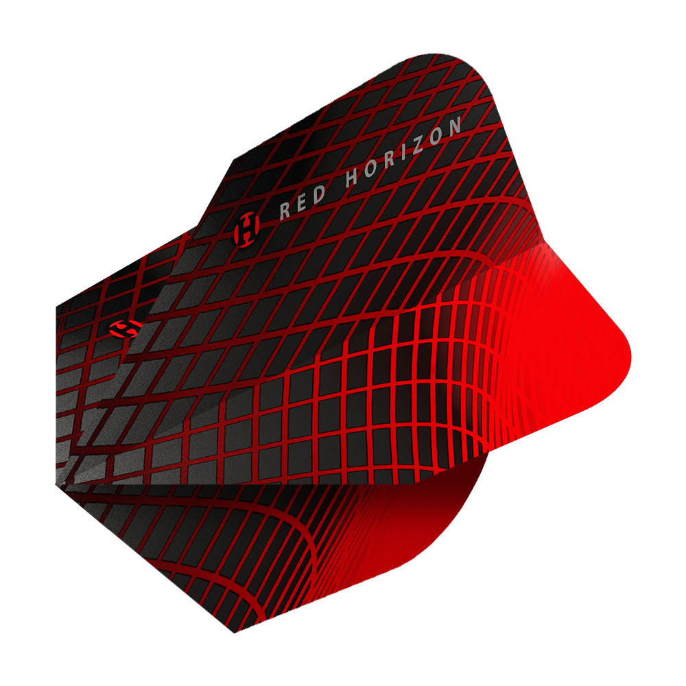 HR69_Harrows_Prime_Red_Horizon_No6_Flights_2 Das Bild zeigt die Harrows Prime Red Horizon No6 Flights. Sie sind schwarz mit einem auffälligen roten Gittermuster und dem Schriftzug "Red Horizon" gestaltet.
