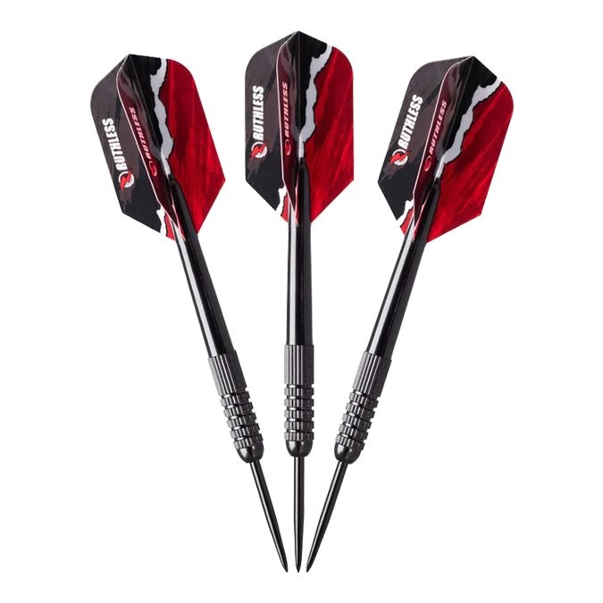 Das Bild zeigt drei Darts aus dem Ruthless Mini Desktop Dartboard Set. Die Darts haben schwarze Spitzen und auffällige schwarz-rote Flights.
