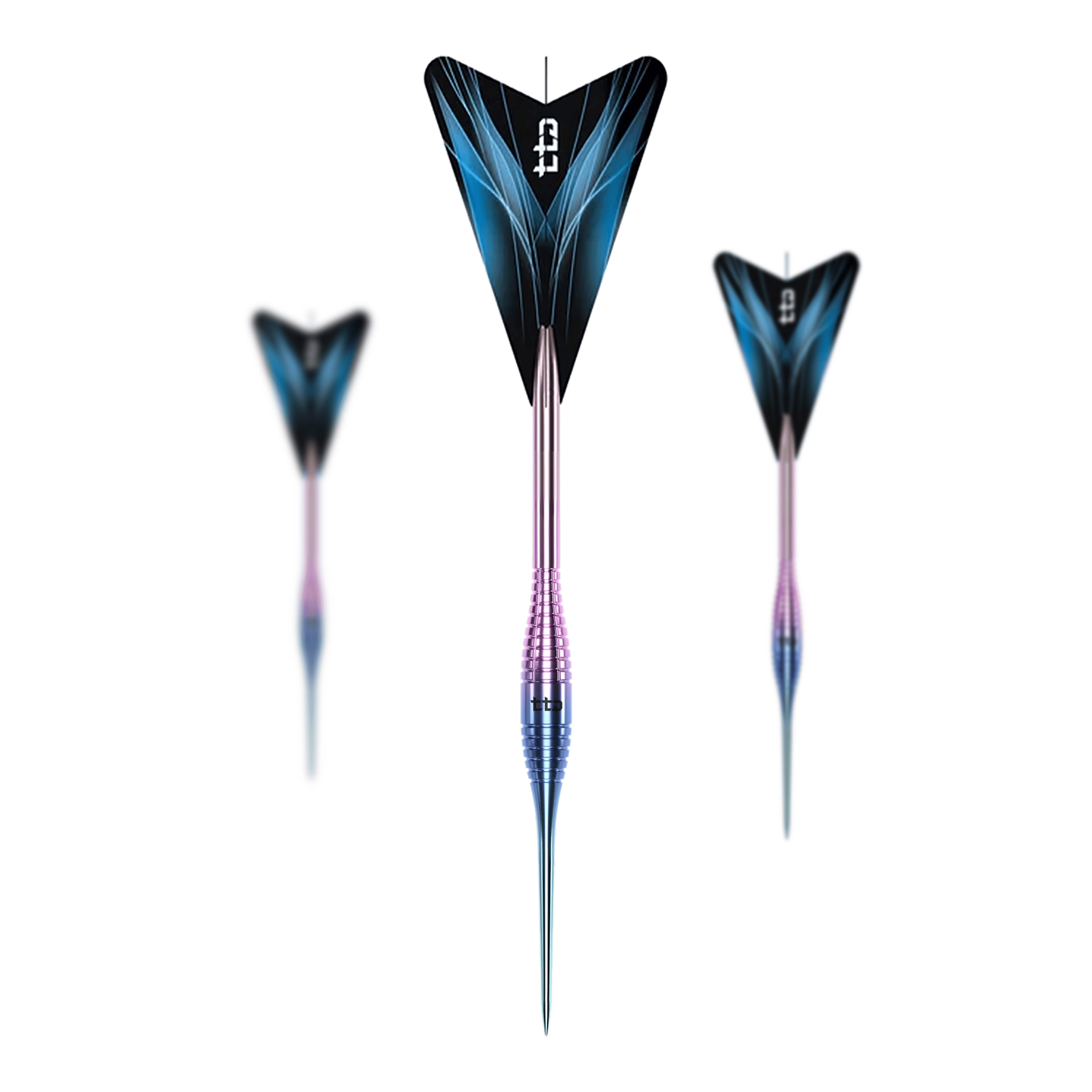 Abgebildet ist ein Set der Caliburn TTD Complete Titanium T2 Rainbow Steeldarts - 6g. Das Set enthält hochwertige Steeldarts in Regenbogenoptik.