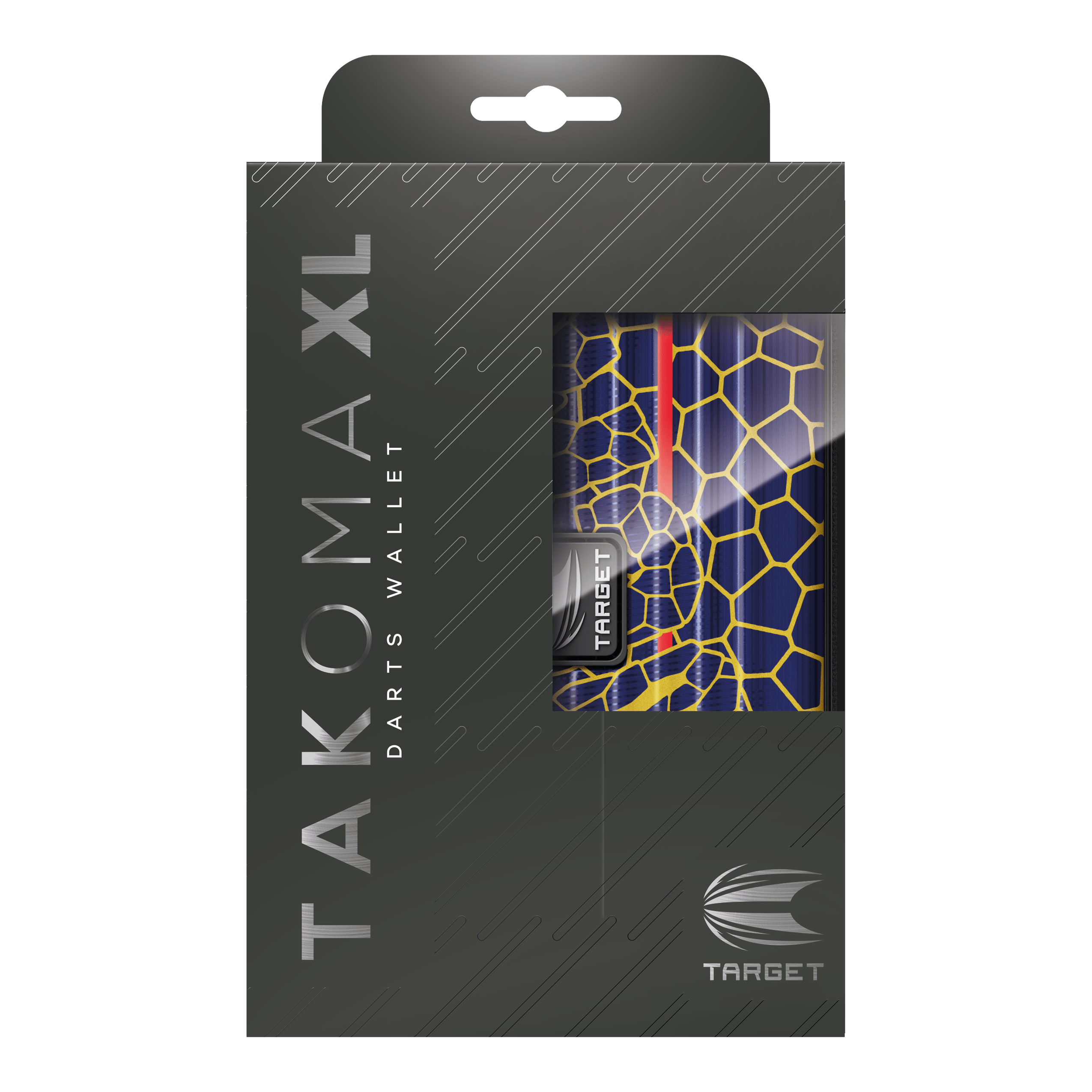 Target Takoma Josh Rock XL dart case Das Bild zeigt die Verpackung des Produkts "Target Takoma Josh Rock XL Dartcase". Das Dartcase ist teilweise durch ein Fenster in der Verpackung sichtbar und hat ein buntes, grafisches Design.