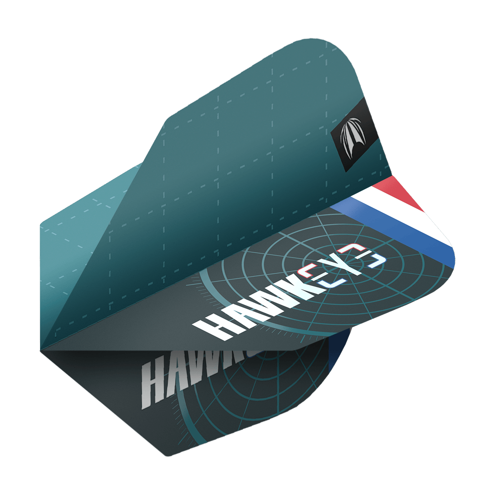 Target Pro Ultra Kevin Doets GEN1 No6 Flights - 3 Sets Das Bild zeigt die Target Pro Ultra Kevin Doets GEN1 No6 Flights in einem modernen Design. Auf den Flights steht "HAWKEYE" und sie sind mit einem Fadenkreuz-Muster sowie den Farben der niederländischen Flagge verziert.