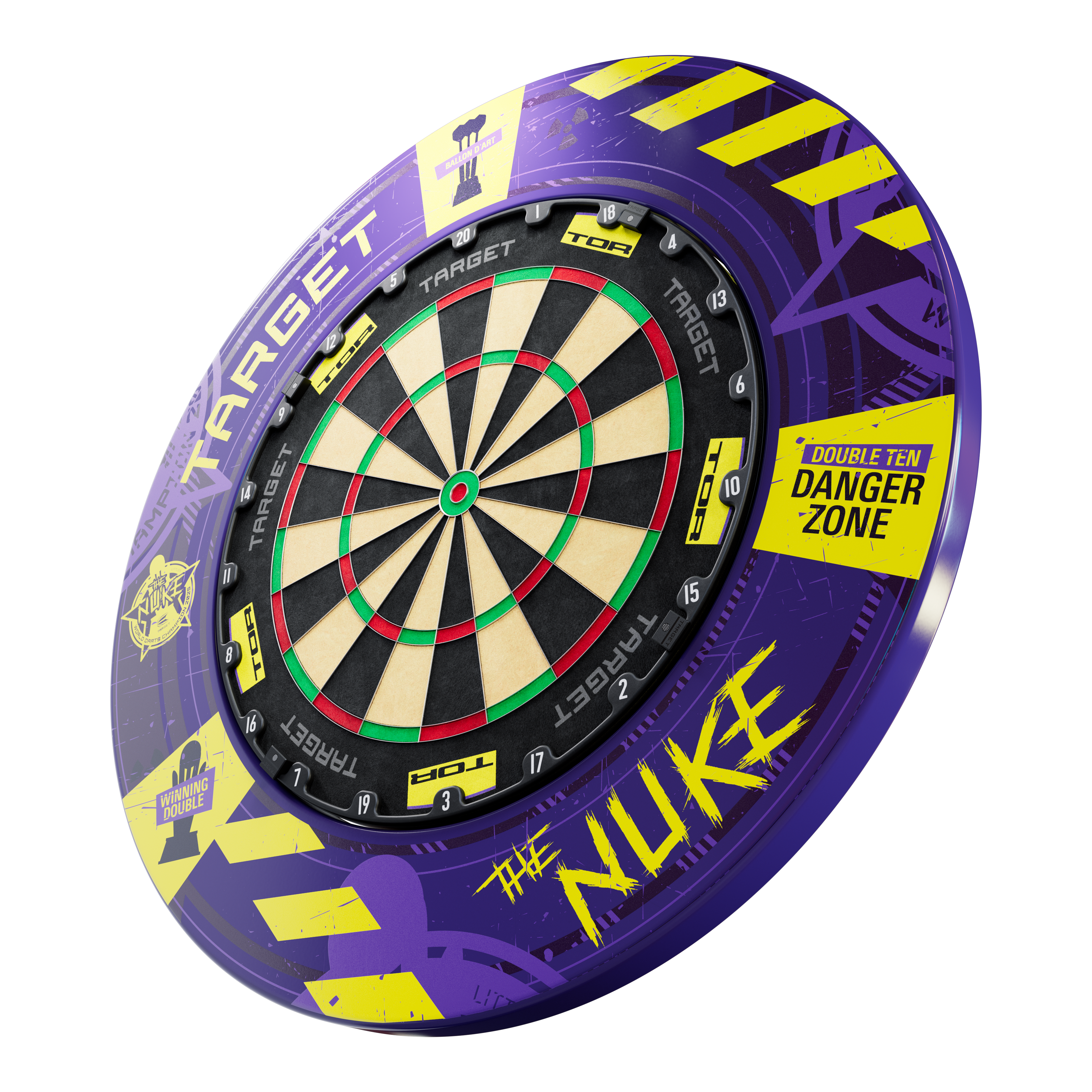 Target Luke Littler World Champion 2025 Surround Goal Steel Dartboard Bundle Das Bild zeigt das Produkt „Target Luke Littler World Champion 2025 Surround Tor Steeldartboard Bundle“. Die Dartscheibe ist von einem auffälligen lila und gelben Surround mit Texten wie „DANGER ZONE“ und „THE NUKE“ umgeben.