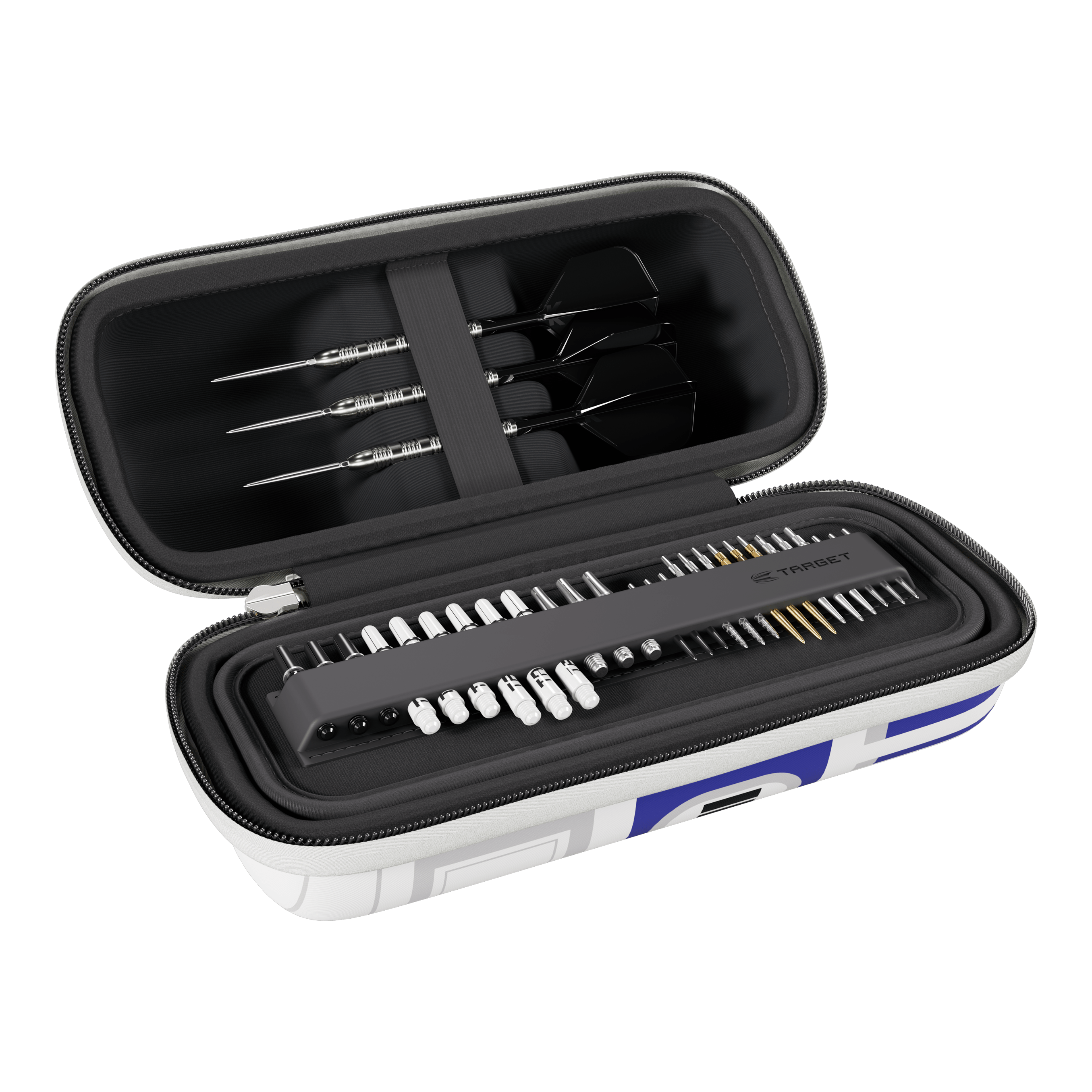 Hier sieht man das Target Star Wars Boa Dartcase - R2D2. Die Aufbewahrungstasche ist im Stil von R2D2 gestaltet.