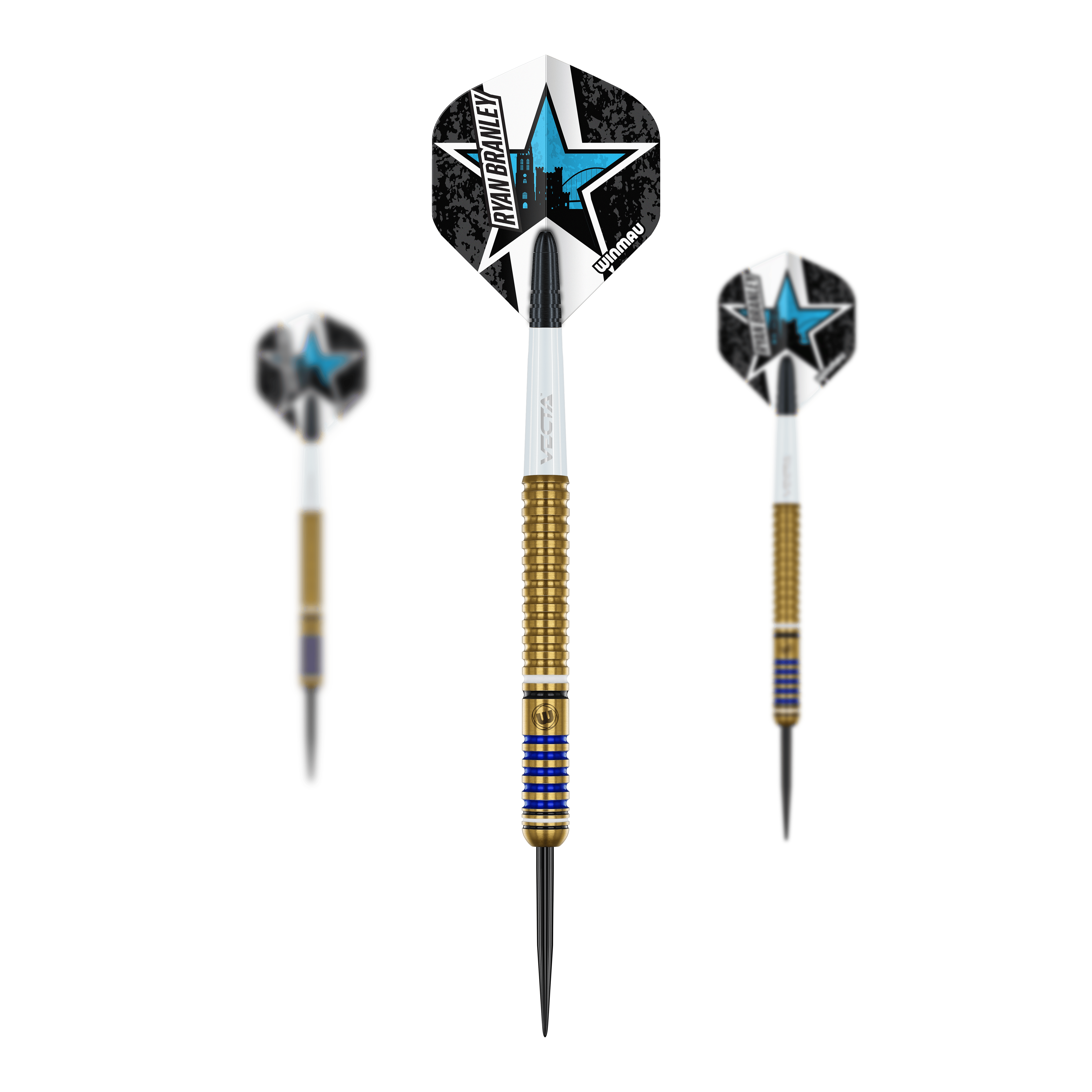 Winmau Ryan Branley Steel Darts - 23g Auf dem Bild sind drei Winmau Ryan Branley Steeldarts mit einem Gewicht von 23g zu sehen. Die Darts haben goldene Griffe und auffällige Flights mit einem blauen Stern-Design.