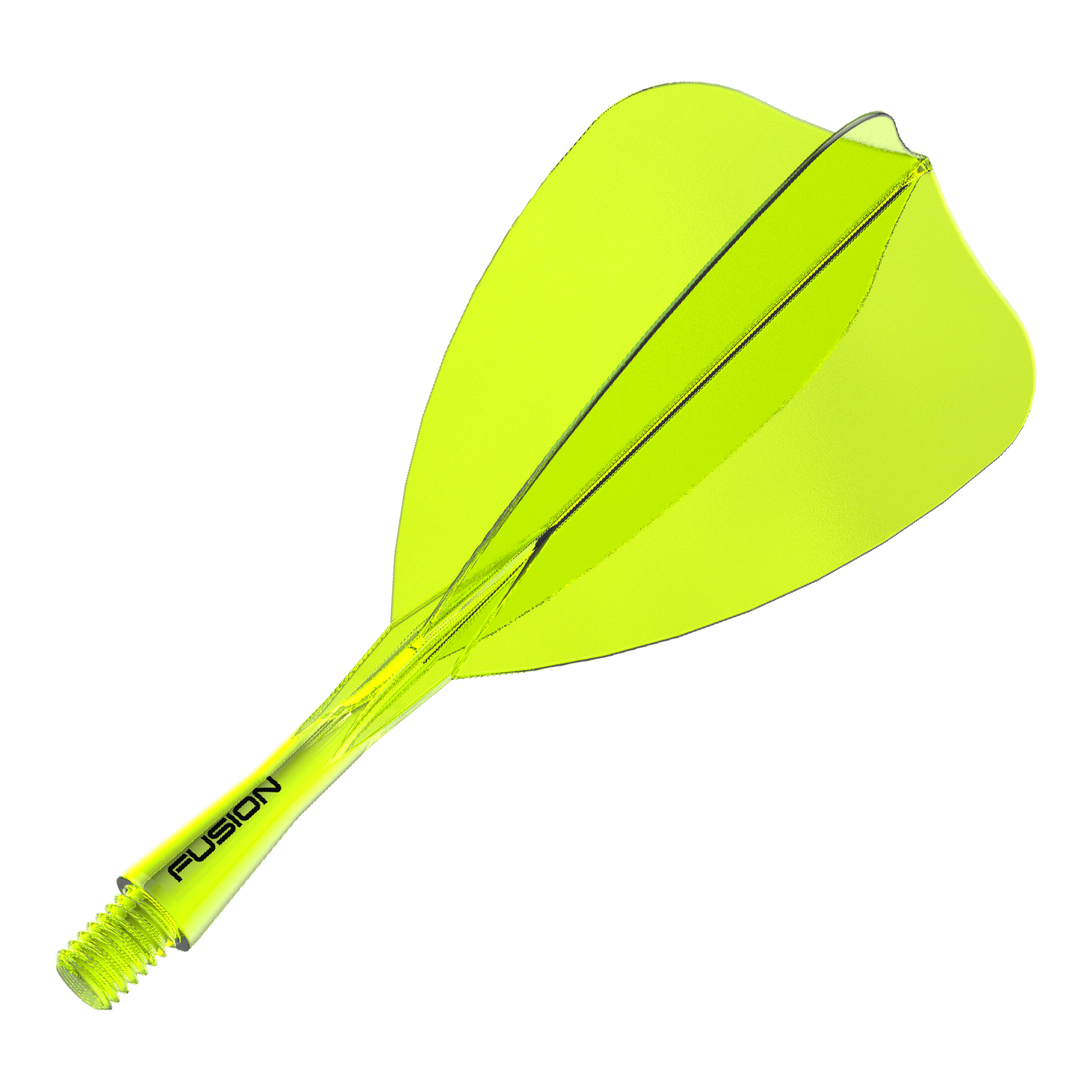 Abgebildet ist ein einzelner neon-gelber Dart-Schaft und -Flight des Winmau Fusion Flight Shaft Systems Arrow 22mm. Dieses Zubehör ist für den Dartsport geeignet.