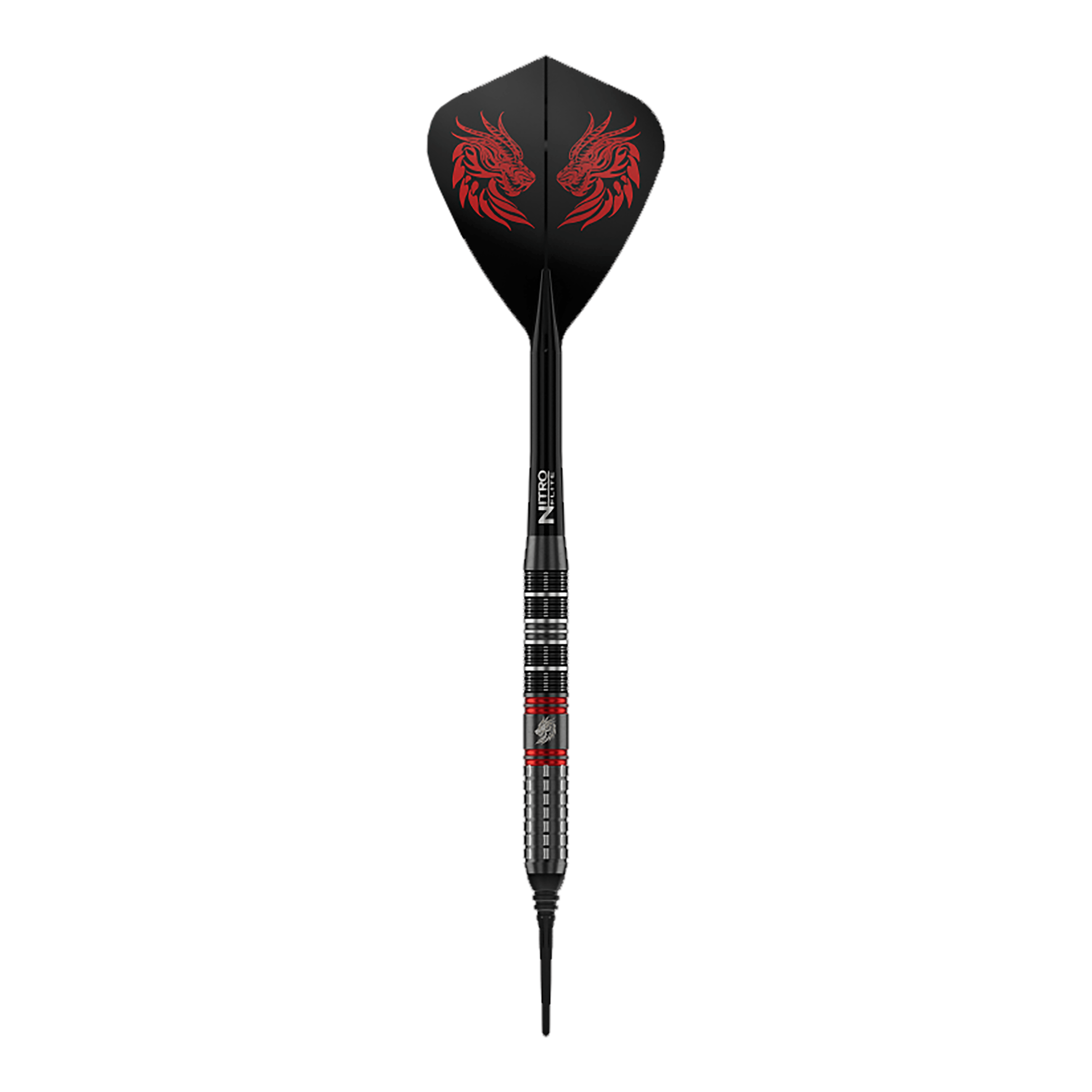 Red Dragon Jonny Clayton RD-ULTRA soft darts - 18g Dieses Bild zeigt einen einzelnen Red Dragon Jonny Clayton RD-ULTRA Softdart mit 18g. Zu sehen sind silberne, schwarze und rote Elemente sowie ein auffälliger Flight.