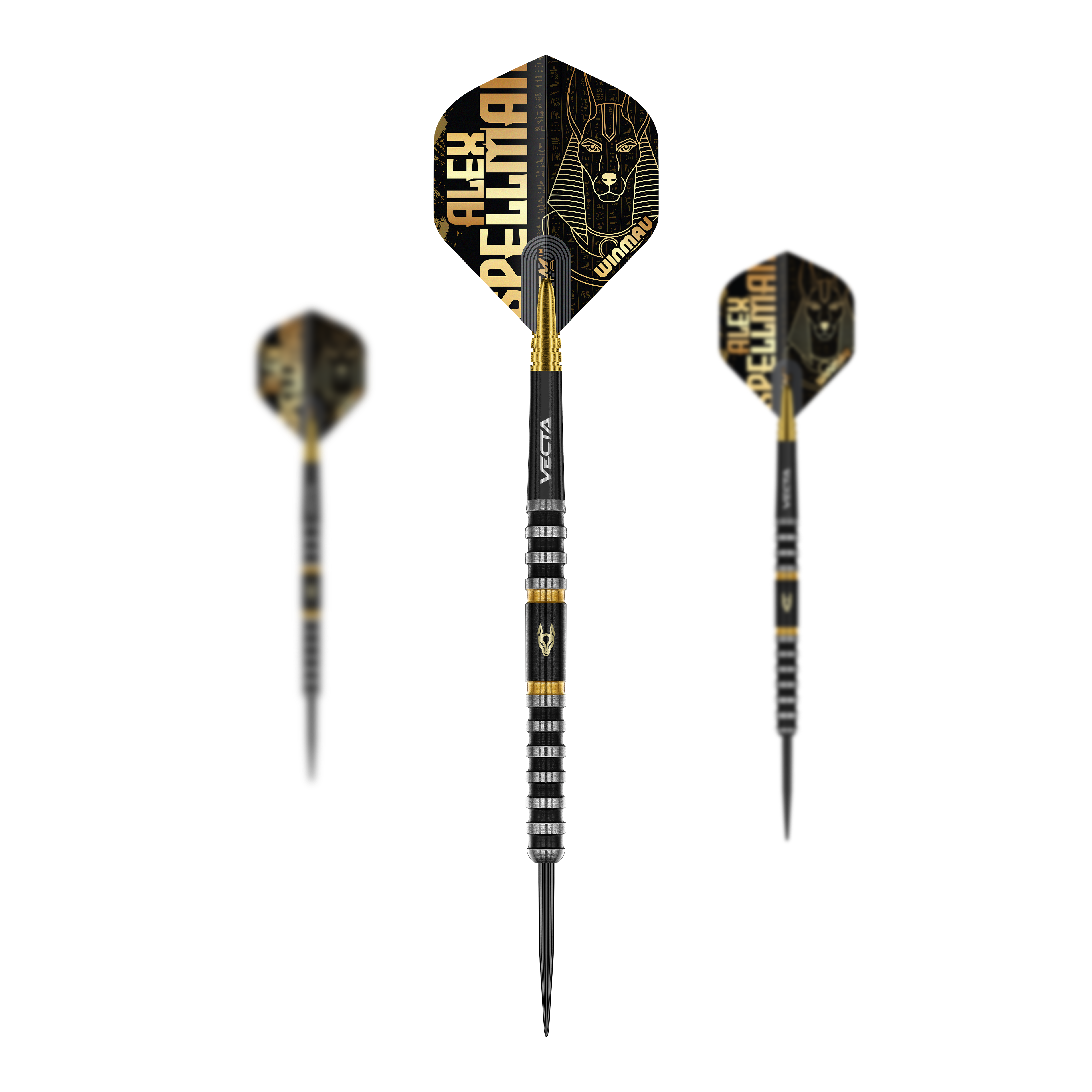 Auf dem Bild ist das Winmau Alex Spellman Steeldarts Set zu sehen. Es handelt sich um ein komplettes Set für Dartspieler.