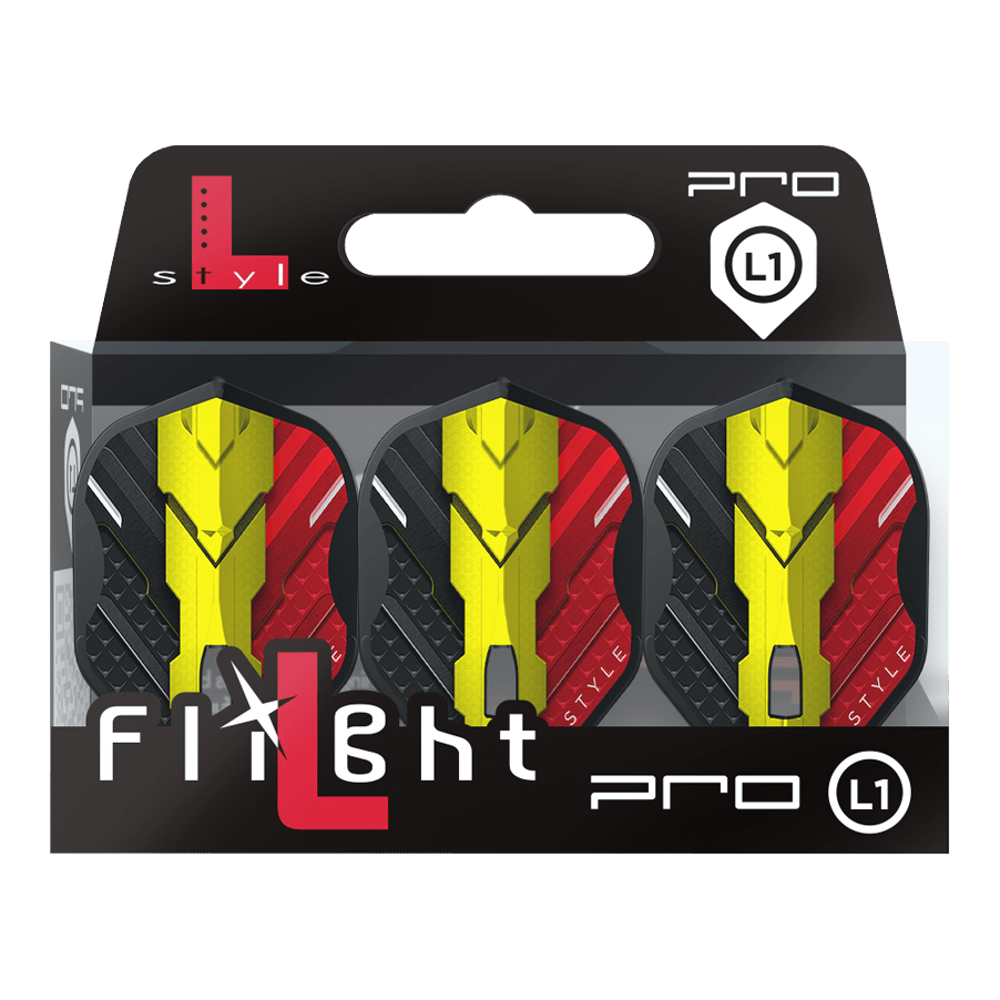 Das Bild zeigt eine Packung mit drei Dart-Flights der Marke L-Style, Modell V-Series V1 Type C Belgium Black L1PRO. Die Flights haben ein Design in den Farben Schwarz, Rot und Gelb, inspiriert von der belgischen Flagge.