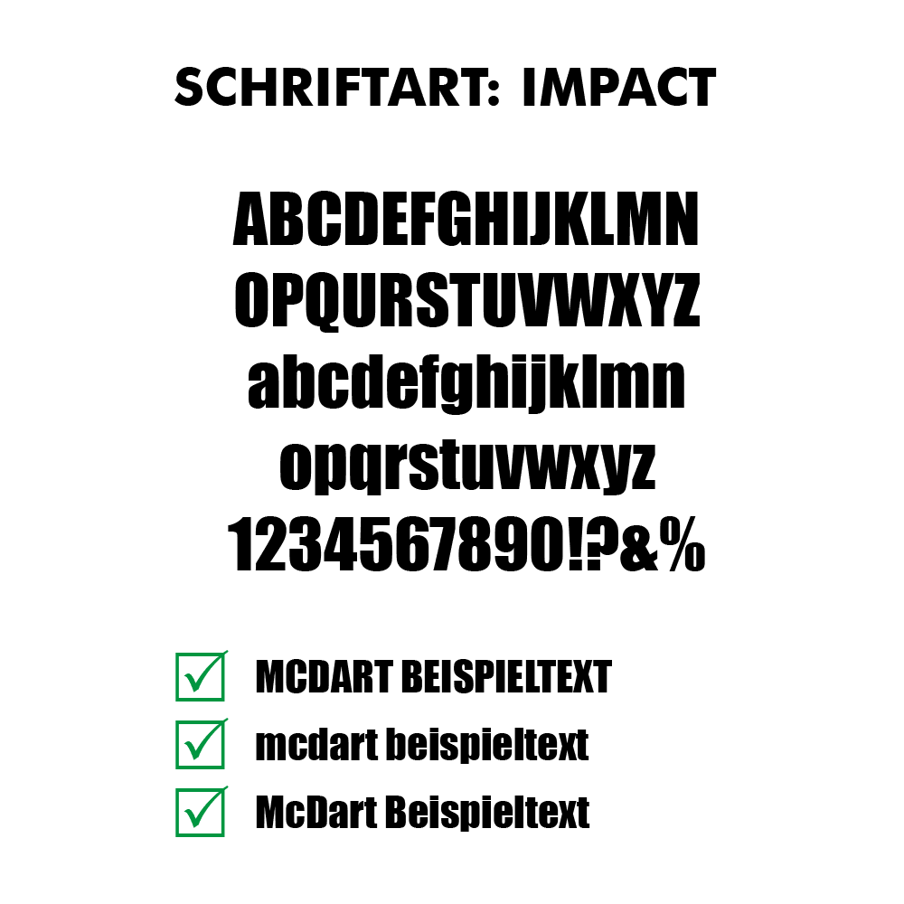 Flightdruck-Schriftart-Impactyns1iNZM6uNkY Das Bild zeigt einen großen, fetten Schriftzug mit dem Text "SCHRIFTART IMPACT" in der Mitte. Darunter sind drei grüne Häkchen mit den Wörtern "Fett", "Kompakt" und "Klar" zu sehen.