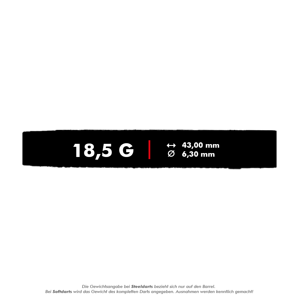 McDart 85 Tungsten V21 soft darts - 18.5g Das Bild zeigt die Angaben zum Produkt "McDart 85er Tungsten V21 Softdarts - 18,5g". Die Darts wiegen 18,5 Gramm, sind 43,00 mm lang und haben einen Durchmesser von 6,30 mm.