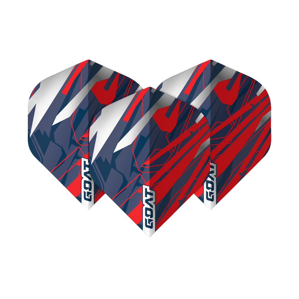 GOAT Homerun No2 Standard Flights Das Bild zeigt drei Dart-Flights des Produkts "GOAT Homerun No2 Standard Flights". Die Flights sind in den Farben Rot, Blau und Weiß gestaltet und mit dem Schriftzug "GOAT" versehen.