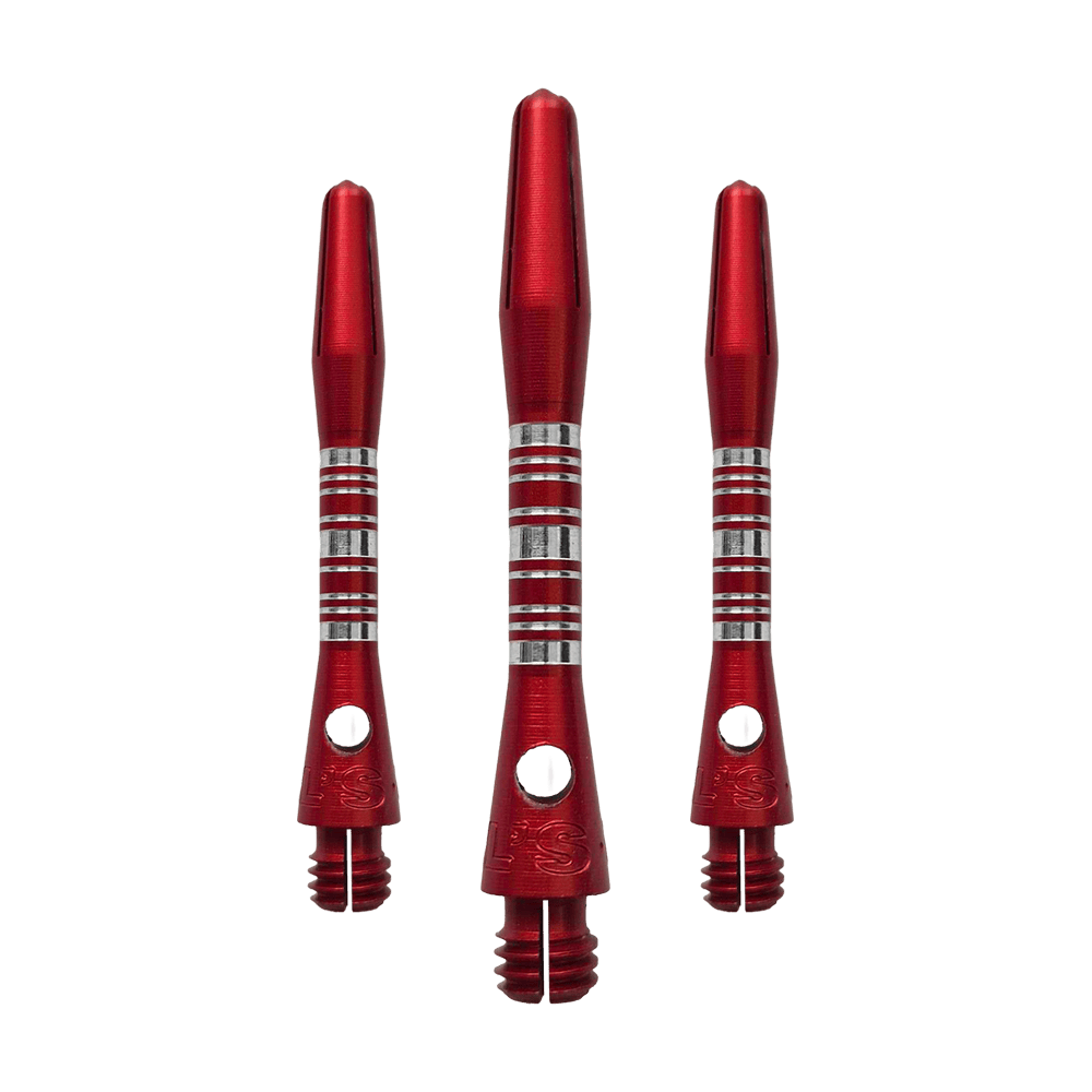 Dieses Bild zeigt die Bulls NL Supra Aluminium Shafts in Rot, 34 mm lang, als Set. Die Schäfte sind robust und ideal für Dartspieler.