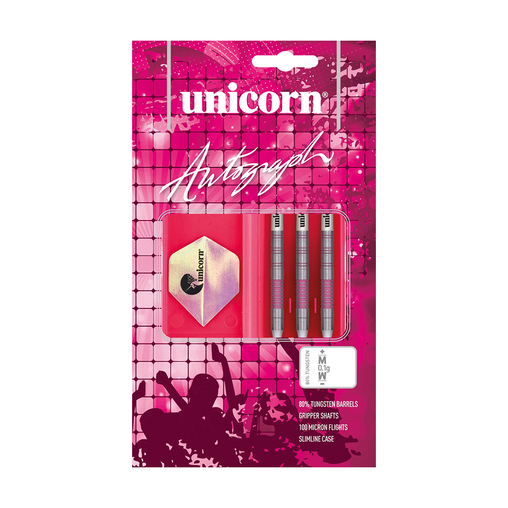06033_Unicorn_Autograph_Softdarts_3 Das Bild zeigt das Produkt "Unicorn Autograph Softdarts - 19g" in einer Verpackung mit drei Darts und Zubehör. Die Verpackung ist überwiegend pink und enthält Informationen über die enthaltenen Materialien und Eigenschaften der Darts.