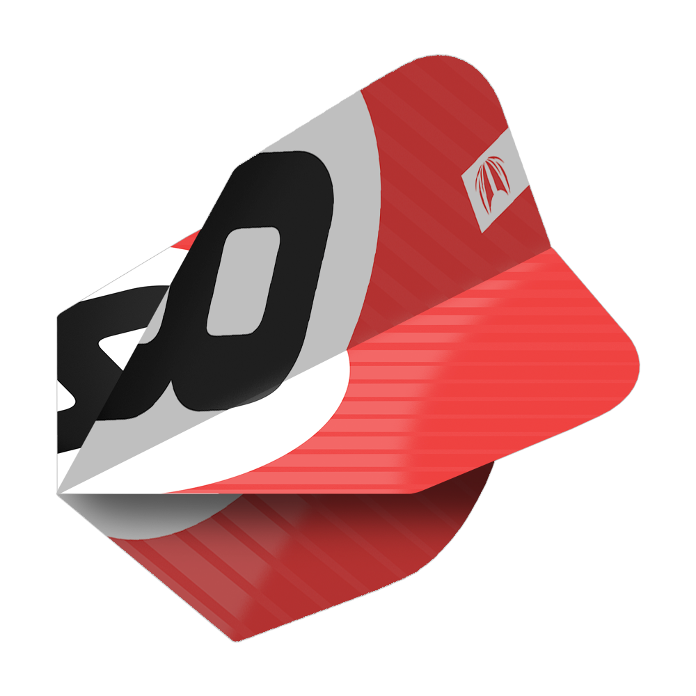 337211_Target_ProUltra_3Sets_Chicane_Red_No6_Flights_2Bly77xbdEKnrc Das Bild zeigt einen roten Dartflight mit dem Produktnamen "Target Pro Ultra Chicane Red No6 Flights". Auf dem Flight sind schwarze und weiße Designelemente sowie ein Logo abgebildet.