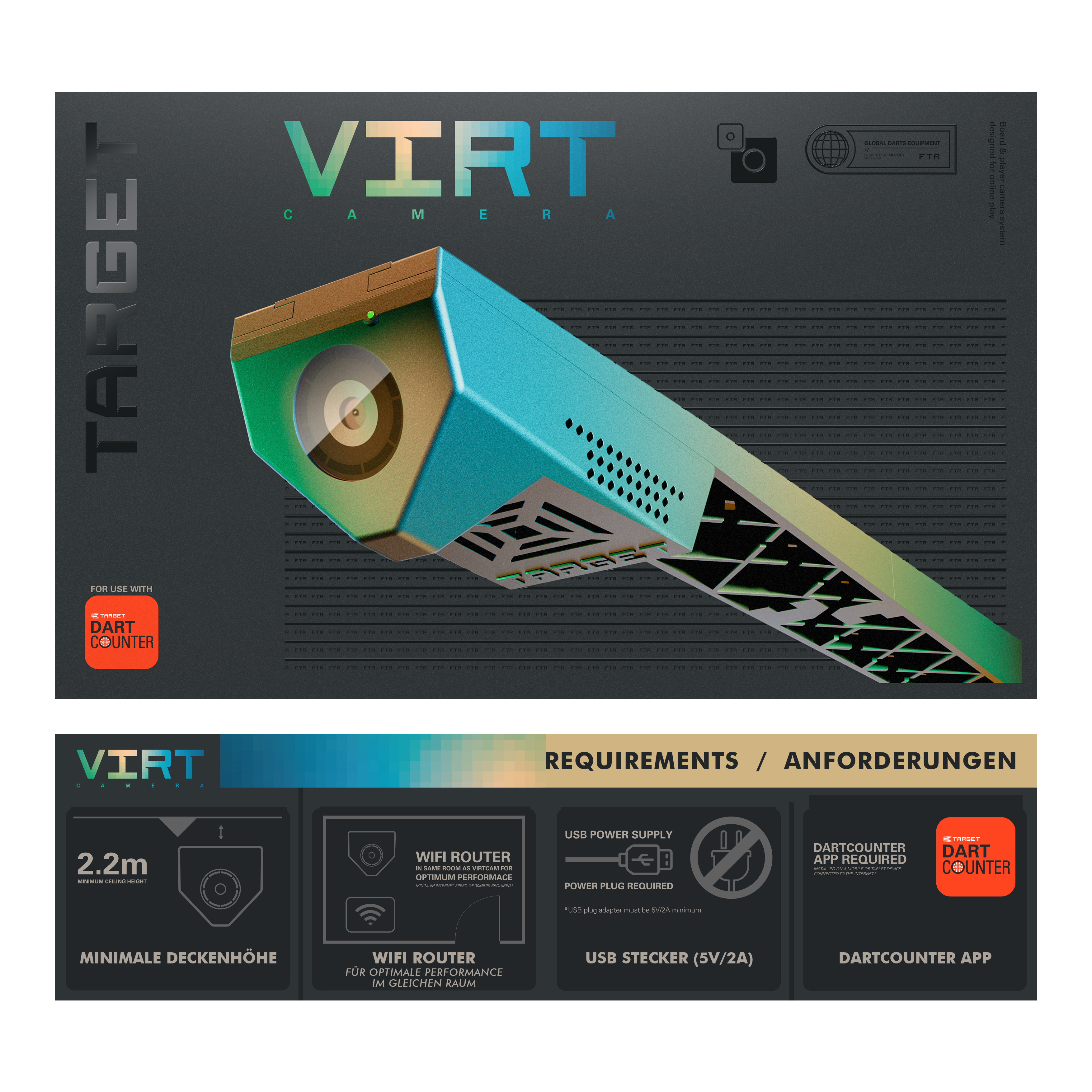 Target VIRT Camera Das Bild zeigt die Produktverpackung der "Target VIRT Kamera", die in einer modernen, grafischen Gestaltung präsentiert wird. Unten sind die Anforderungen aufgeführt, wie eine Mindestdeckenhöhe von 2,2 m, WLAN-Router, USB-Stecker und die DartCounter App.