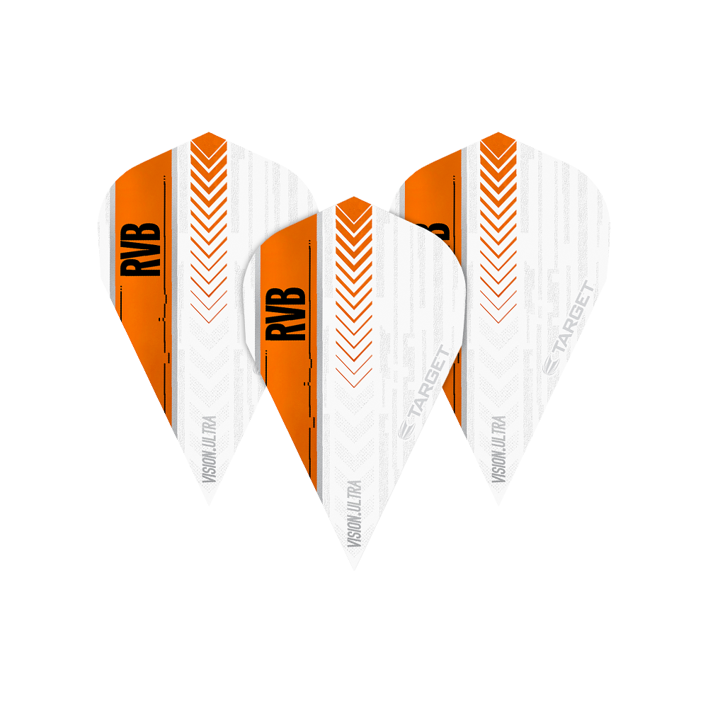 TG59_332040_Target_Vision_Ultra_RvB_Orange_Vapor_Flights_1l8L5tT6tbNJVz Das Bild zeigt drei Target Vision Ultra RvB Orange Vapor Flights. Die Flights sind überwiegend weiß mit einem orangefarbenen Streifen und der Aufschrift "RVB".