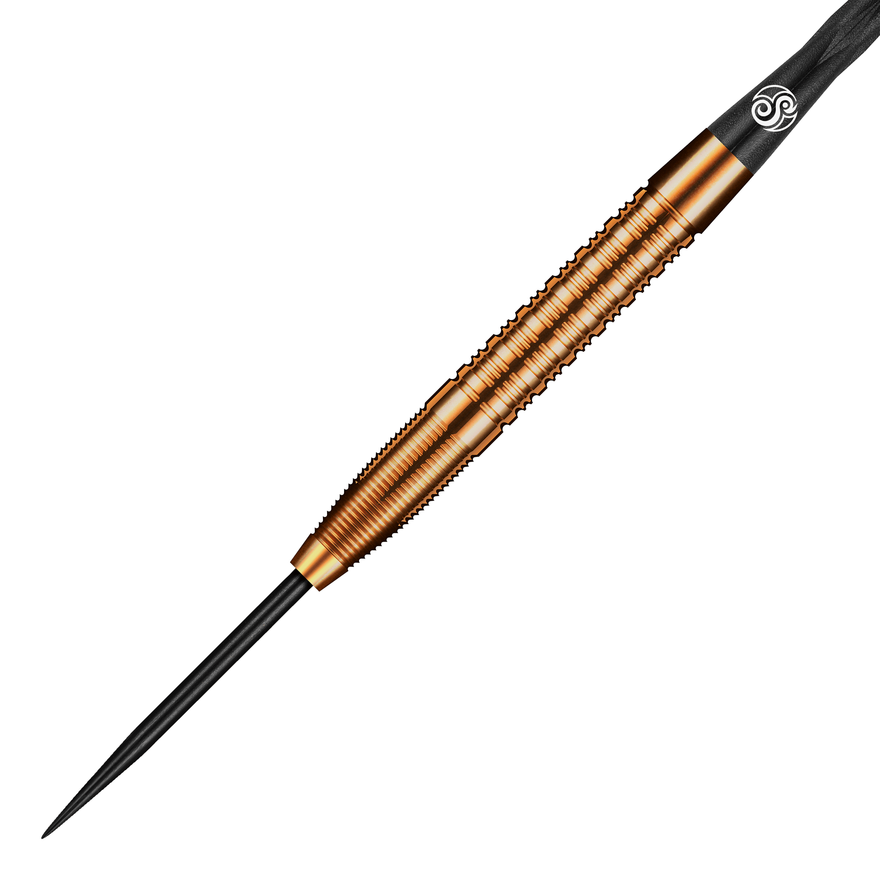 Das Bild zeigt einen Shot Pro Series Jake Womack Steeldart mit einem Gewicht von 23g. Der Dartpfeil hat ein auffälliges, bronzefarbenes Design mit feinen Rillen am Griff.